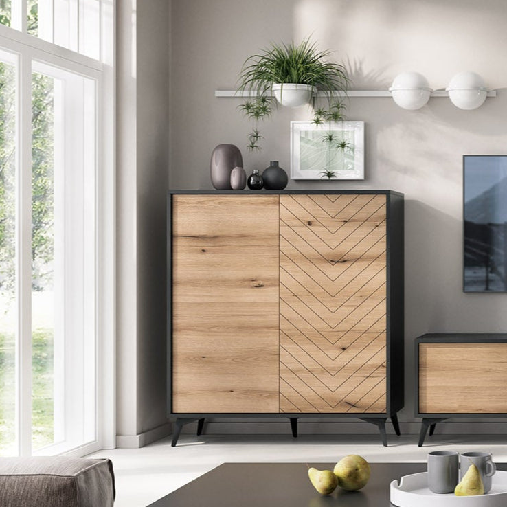 Komoda 104x119 w stylu loftowym - frezowany front jodełka, push-to-open, metalowe nogi | Nirwana