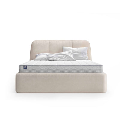 Łóżko tapicerowane z dużym pojemnikiem w stylu soft minimalism | Elle
