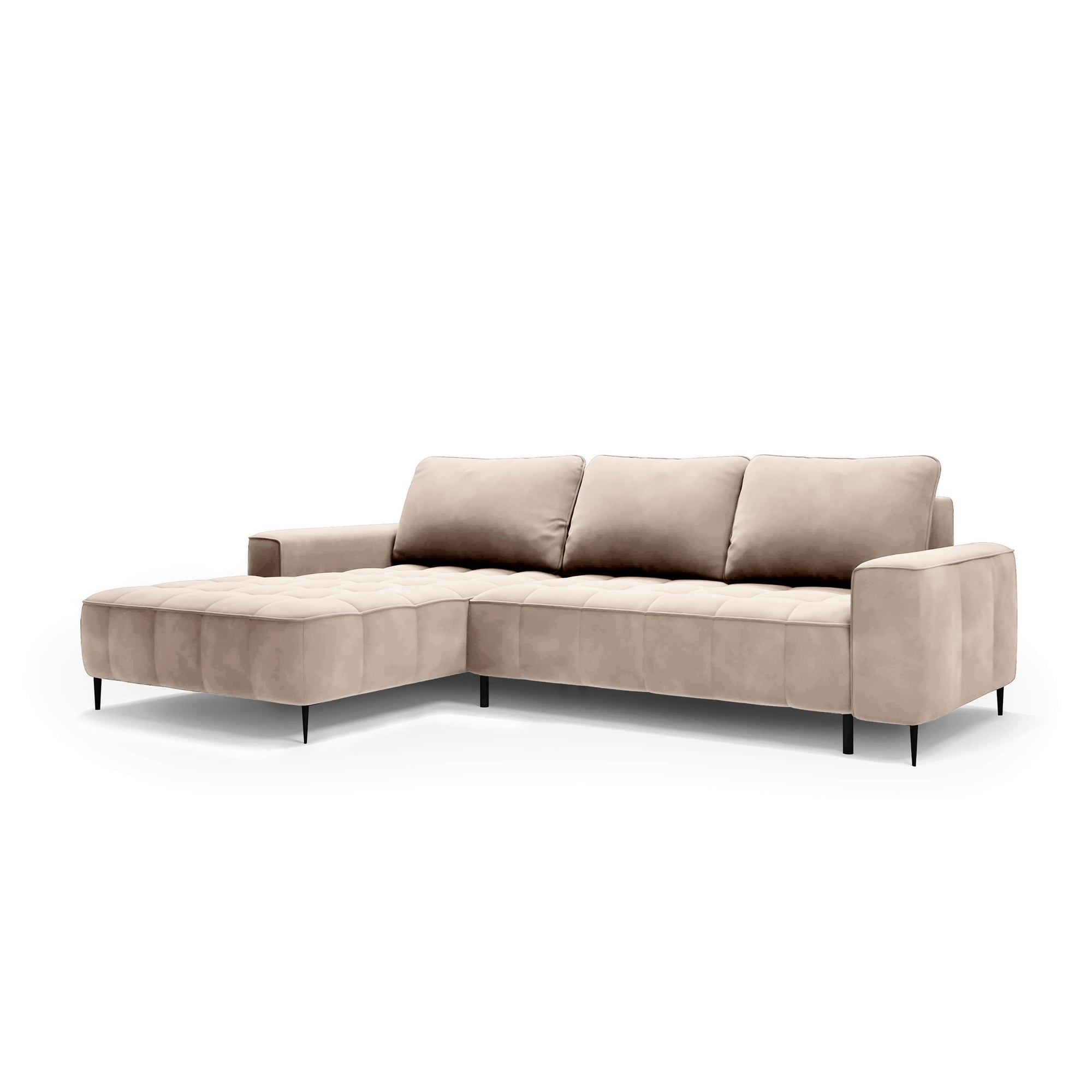 Narożnik z pojemnikiem na pościel 280 cm w stylu eleganckim – pianka HR, pikowane siedzisko, wysokie nóżki | Francessco Lewostronna Beżowa Glina (SALVADOR 02)