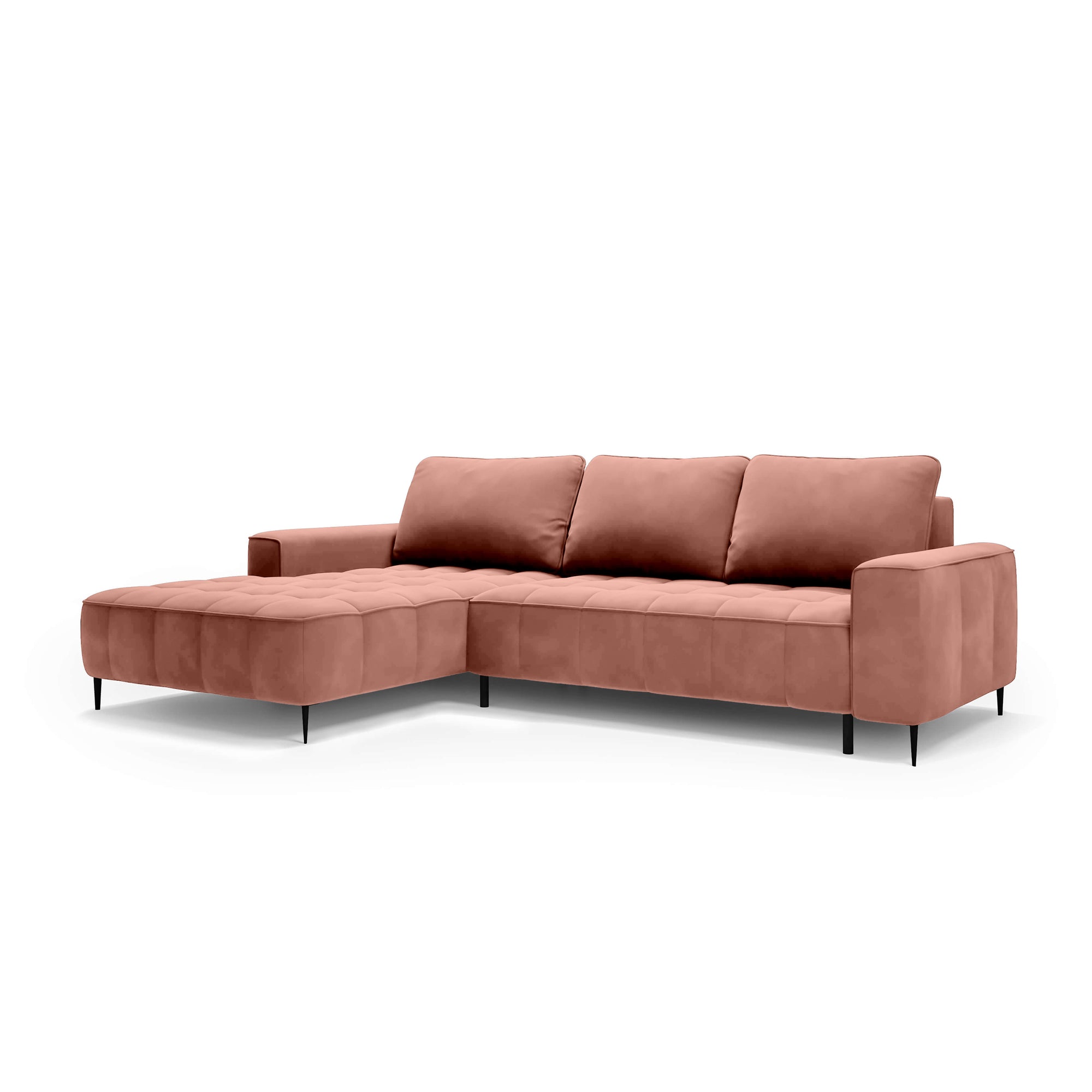 Narożnik z pojemnikiem na pościel 280 cm w stylu eleganckim – pianka HR, pikowane siedzisko, wysokie nóżki | Francessco