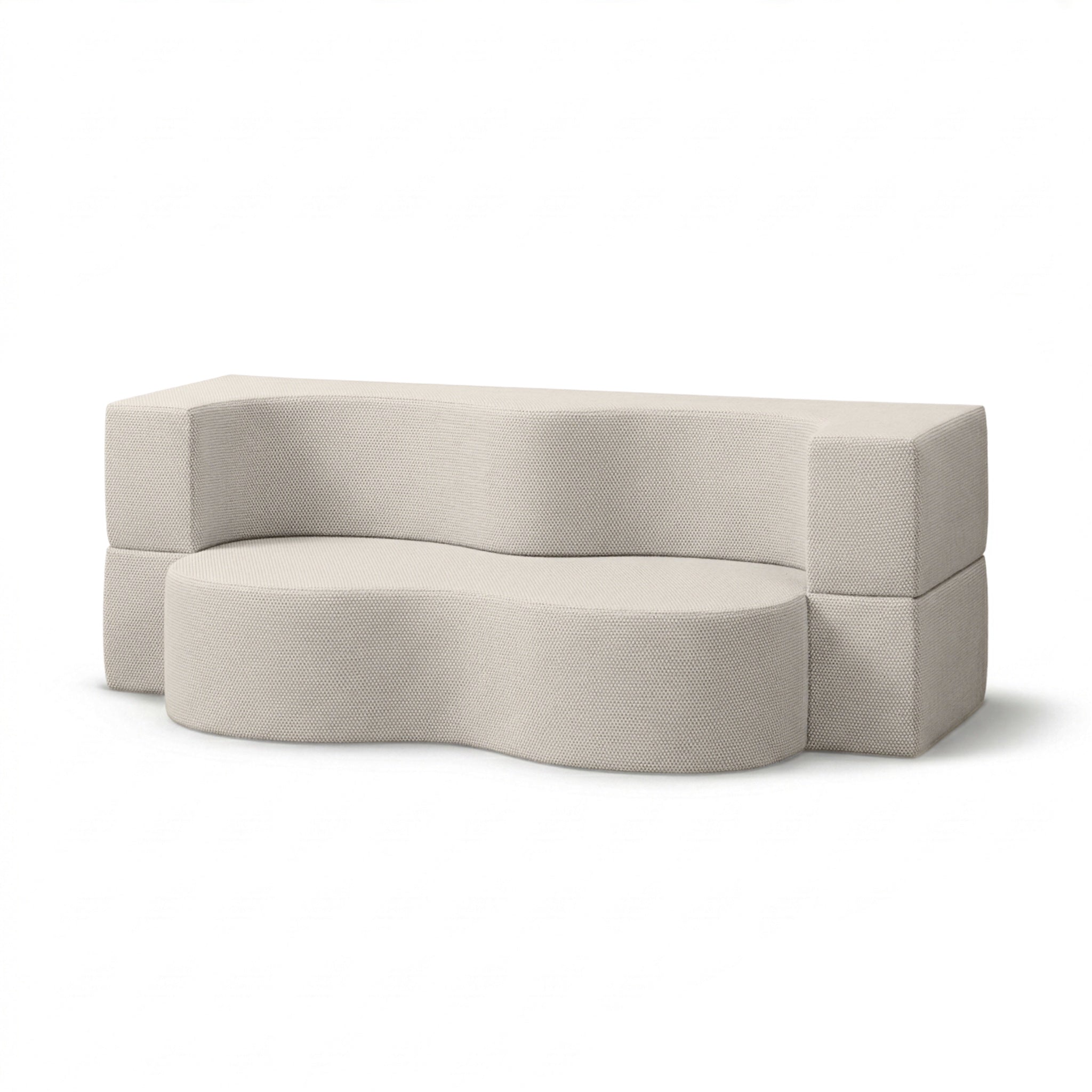 Sofa ogrodowa piankowa z funkcją spania w stylu nowoczesnym - organiczna bryła, tkanina Harris | Kamelia Lniana Biel (HARRIS 7521)
