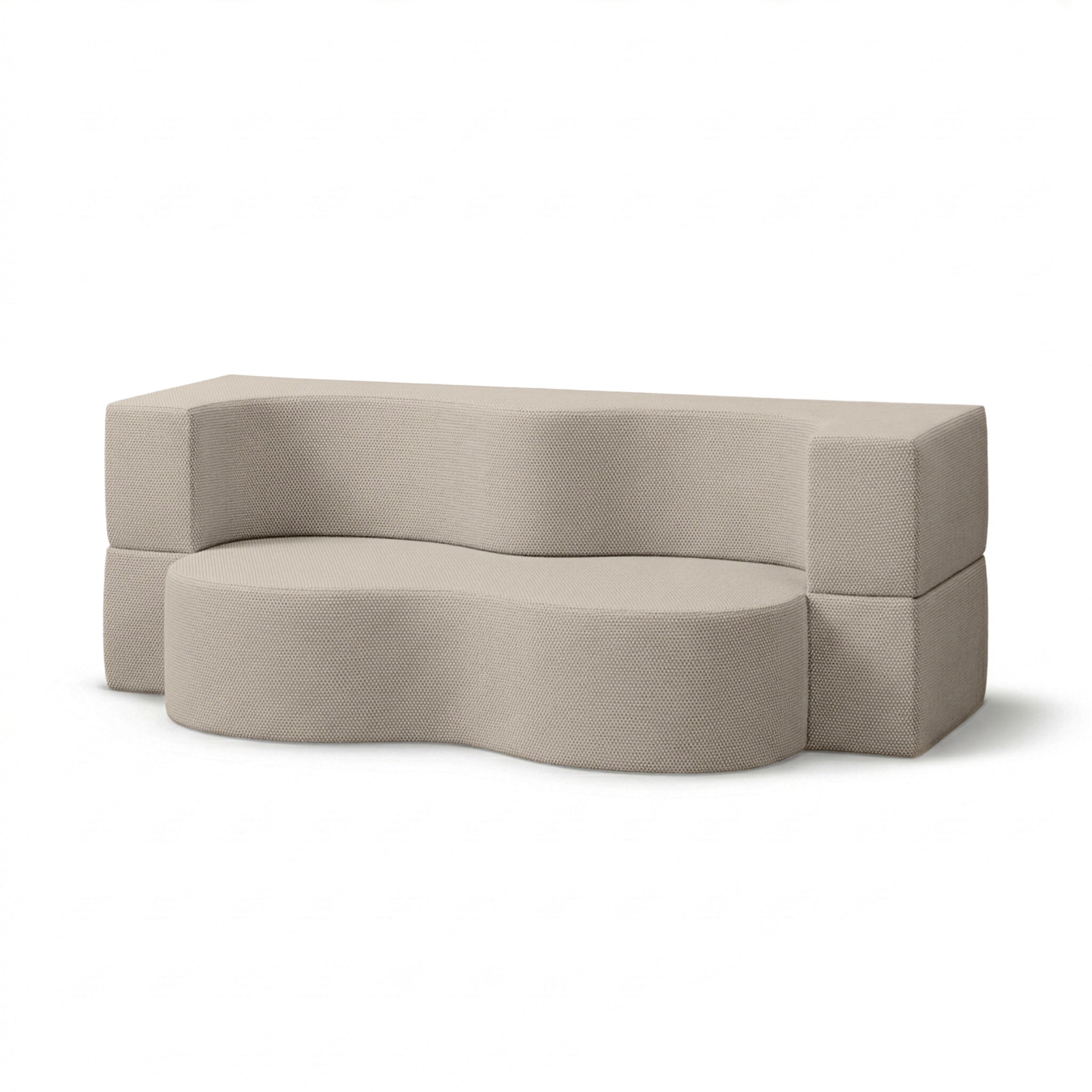 Sofa ogrodowa piankowa z funkcją spania w stylu nowoczesnym - organiczna bryła, tkanina Harris | Kamelia Perłowy Piasek (HARRIS 7523)
