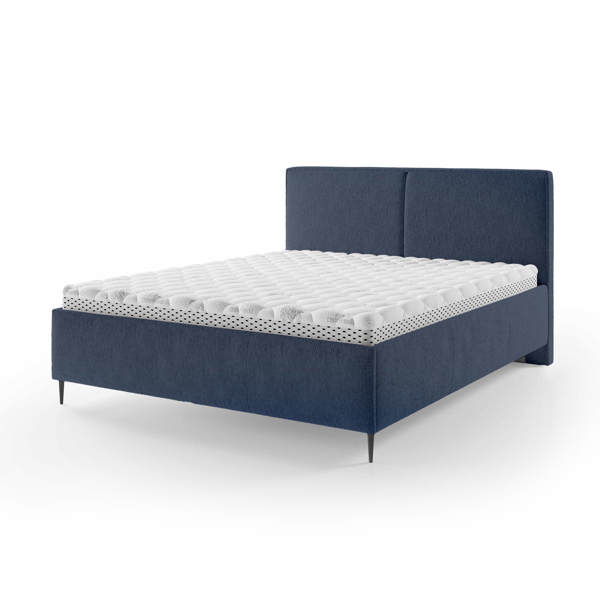 Łóżko tapicerowane z pojemnikiem w stylu minimalistycznym – puszysty zagłówek, wysokie nóżki 12 cm | Hatti 160 200 Granatowy Pył (PERFECT HARMONY 77)