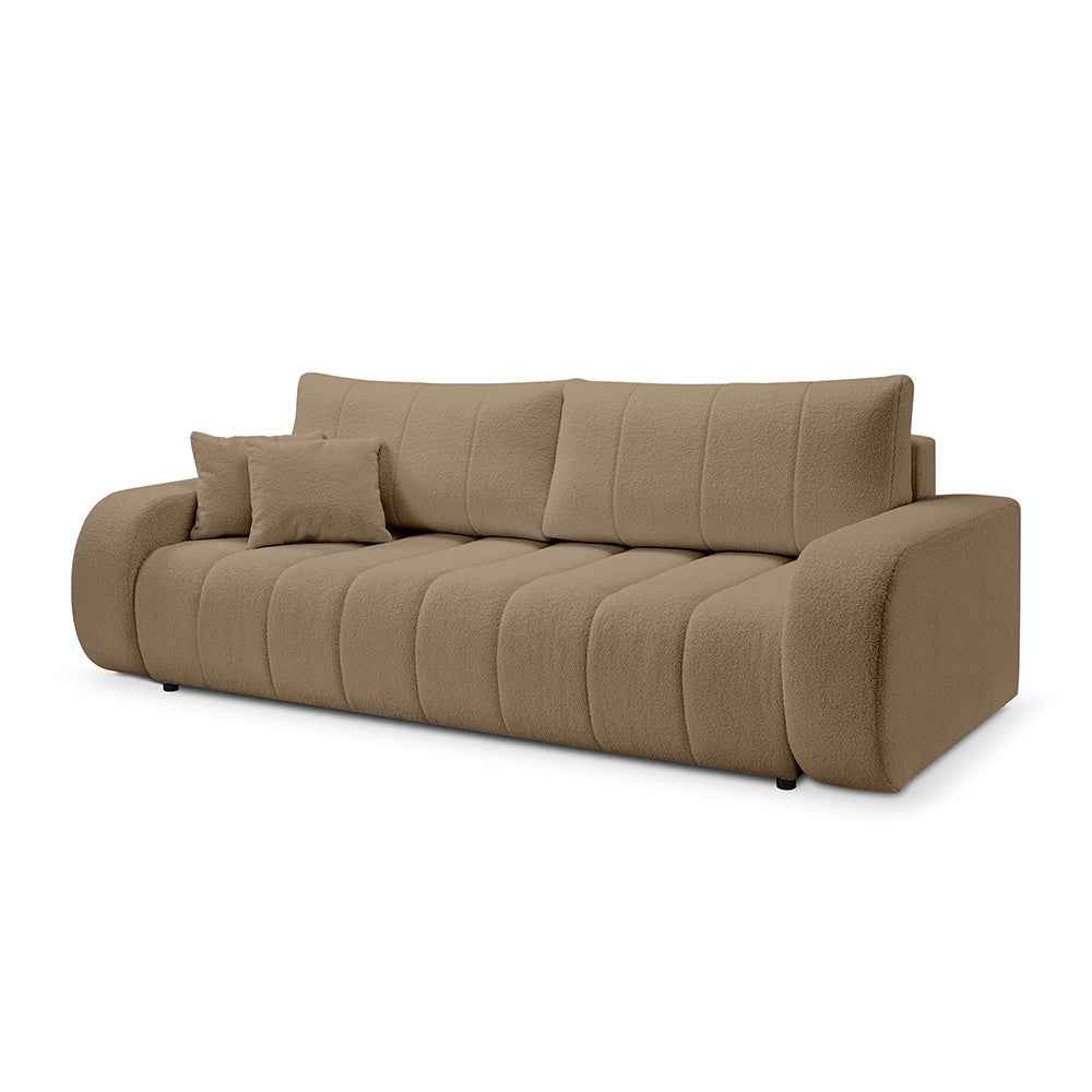 Sofa 3-osobowa z funkcją spania 144x200 w stylu skandynawskim – zaoblona forma, pojemnik, system DL | BALOA Karmelowe Ziarno (LAMBI 10)