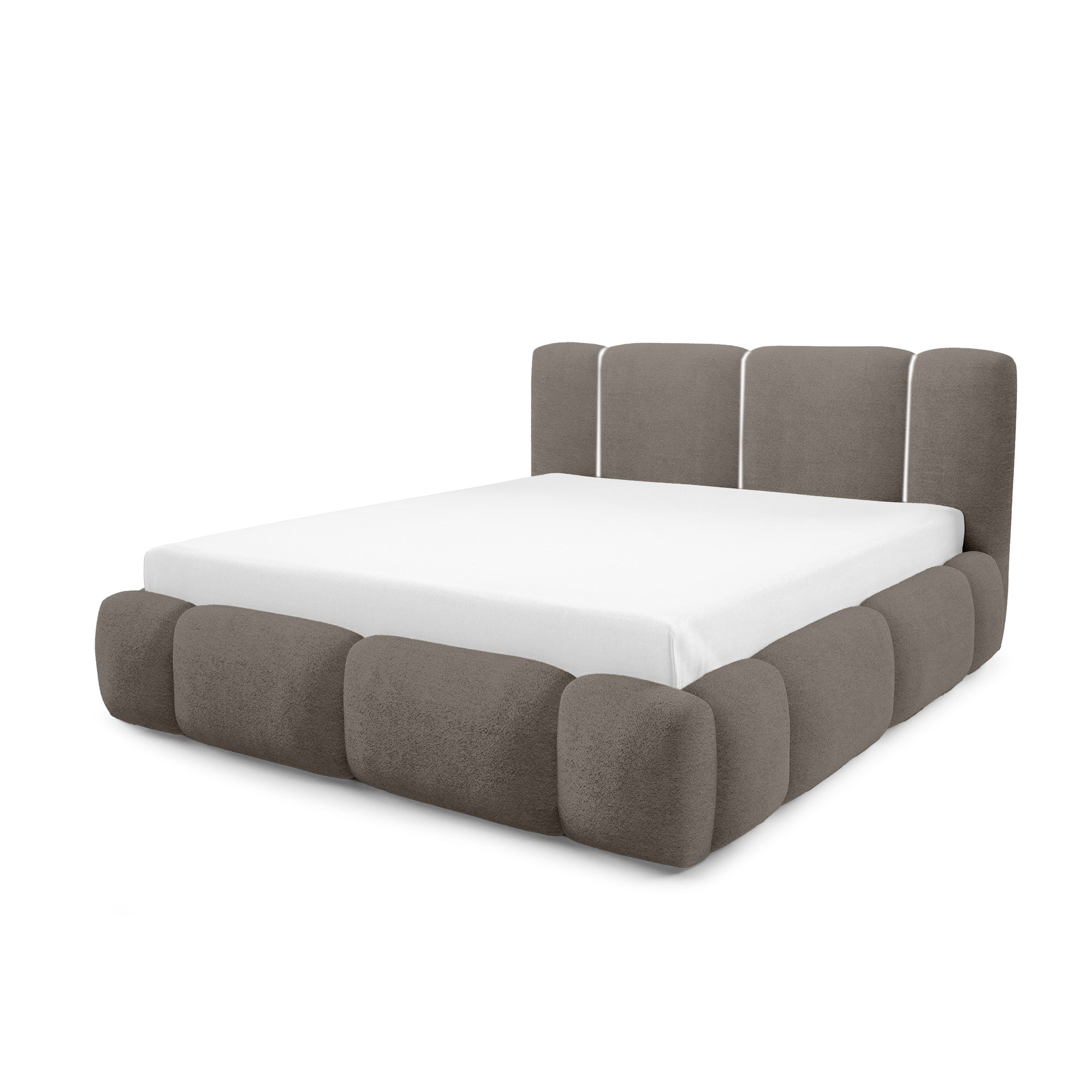 Łóżko tapicerowane z pojemnikiem w różnych rozmiarach w stylu japandi - LED, zagłówek segmentowy | Neria Tak Dębowe Cienie (LAMBI 03)