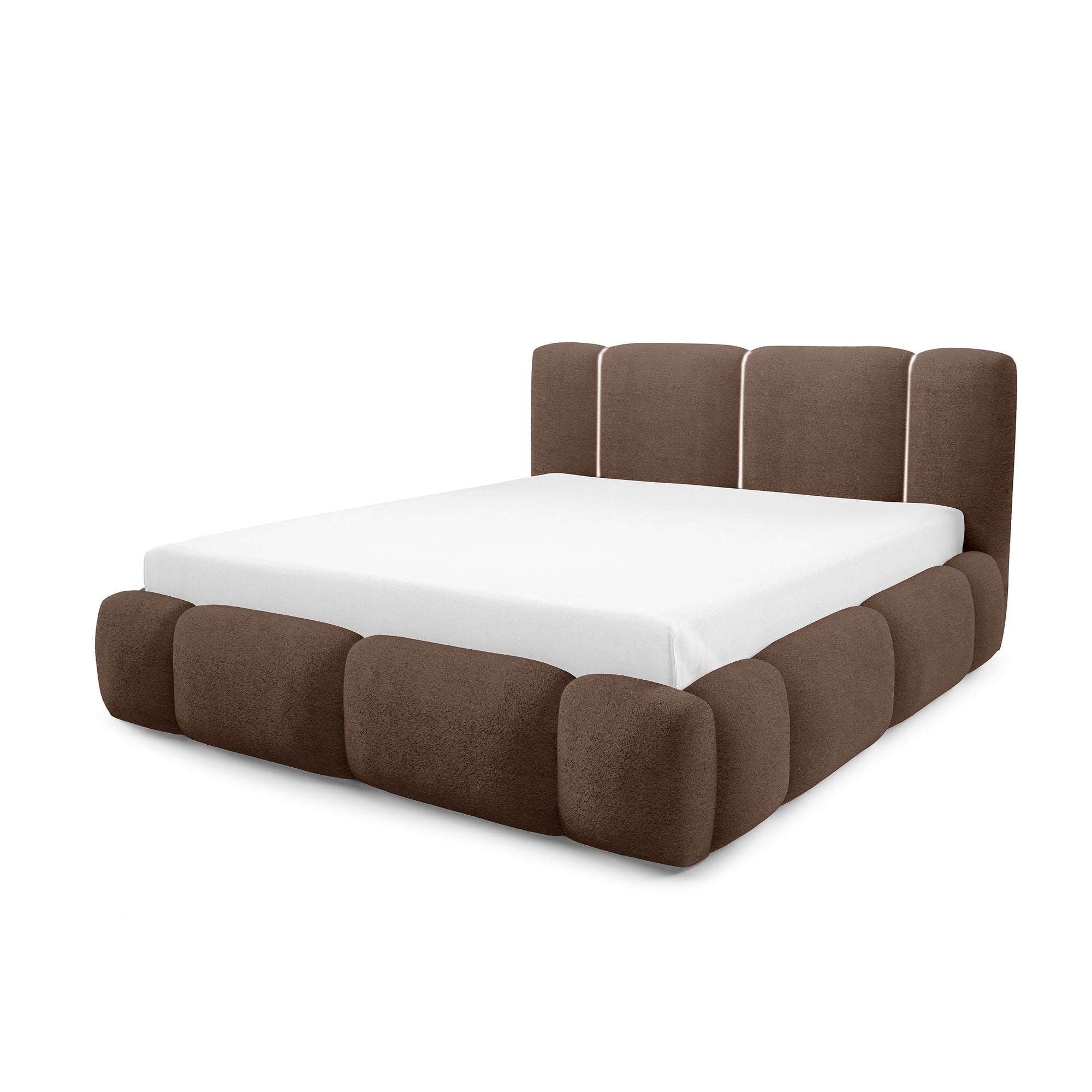 Łóżko tapicerowane z pojemnikiem w różnych rozmiarach w stylu japandi - LED, zagłówek segmentowy | Neria Tak Brąz Koniakowy (LAMBI 04)