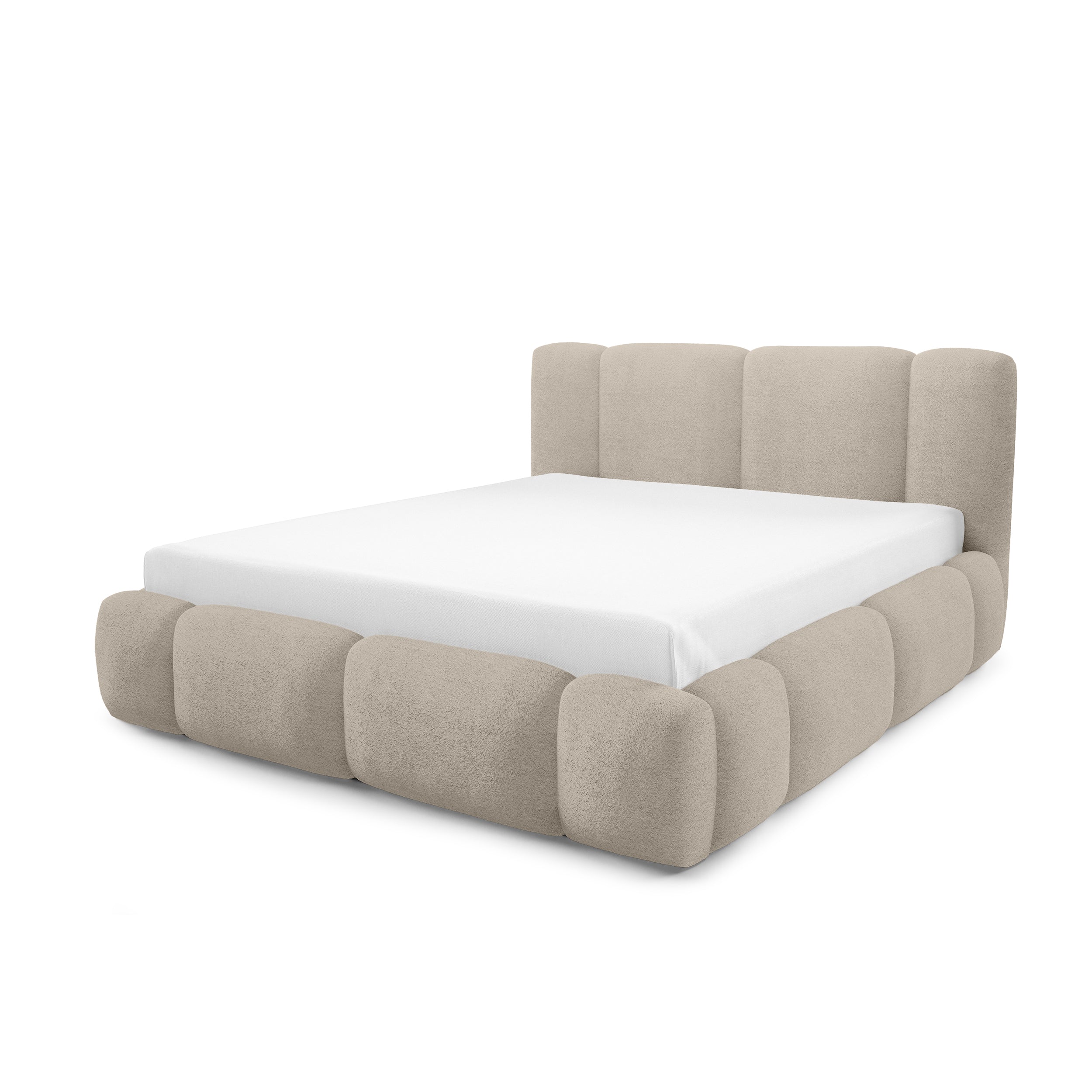 Łóżko tapicerowane z pojemnikiem w różnych rozmiarach w stylu japandi - LED, zagłówek segmentowy | Neria Nie Piaskowy Len (LAMBI 05)