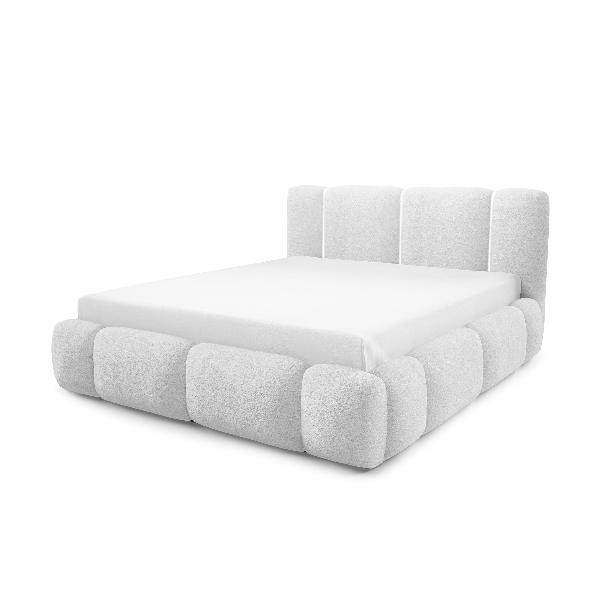 Łóżko tapicerowane z pojemnikiem w różnych rozmiarach w stylu japandi - LED, zagłówek segmentowy | Neria Tak Poranna Mgiełka (LAMBI 07)