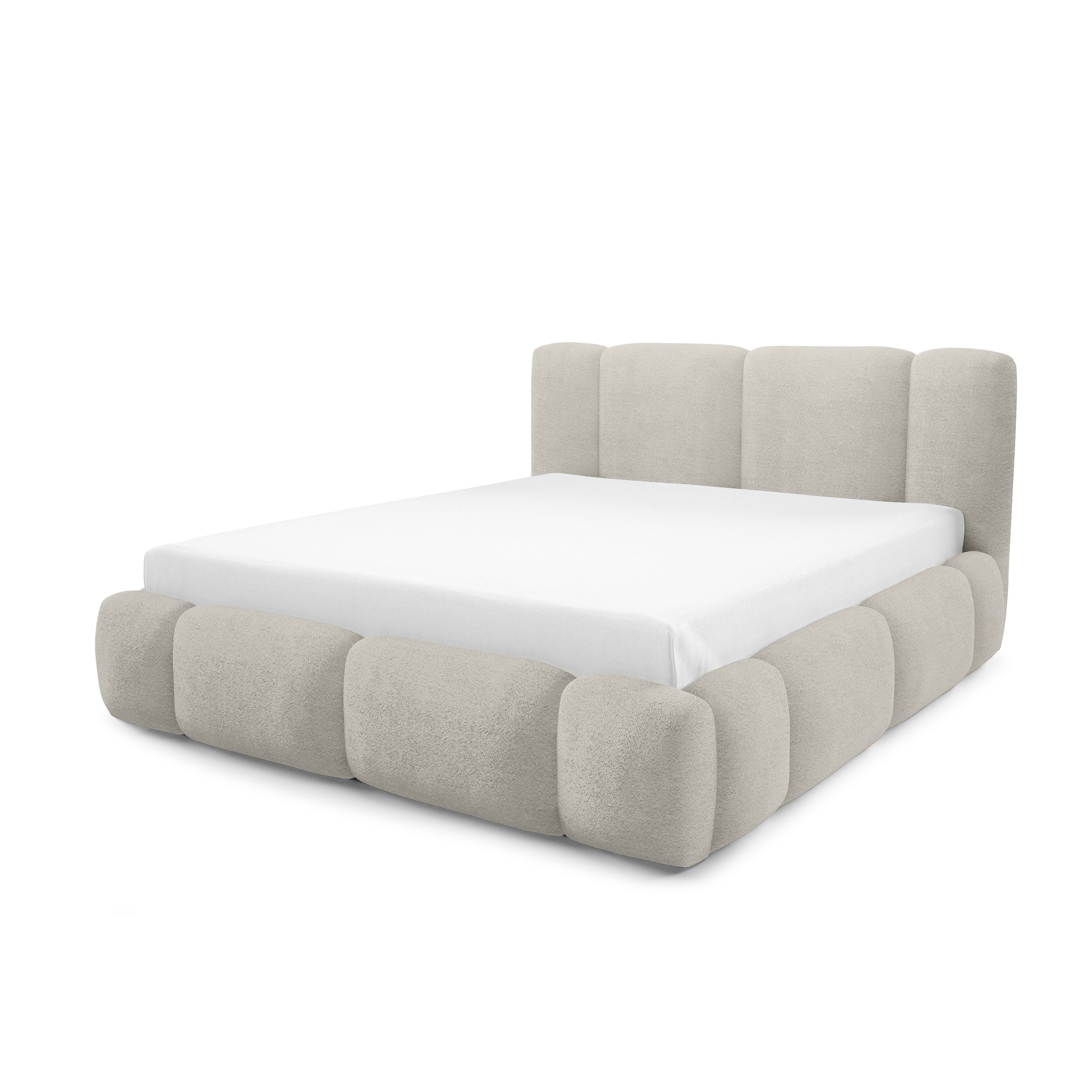 Łóżko tapicerowane z pojemnikiem w różnych rozmiarach w stylu japandi - LED, zagłówek segmentowy | Neria Nie Pudrowa Kość (LAMBI 08)