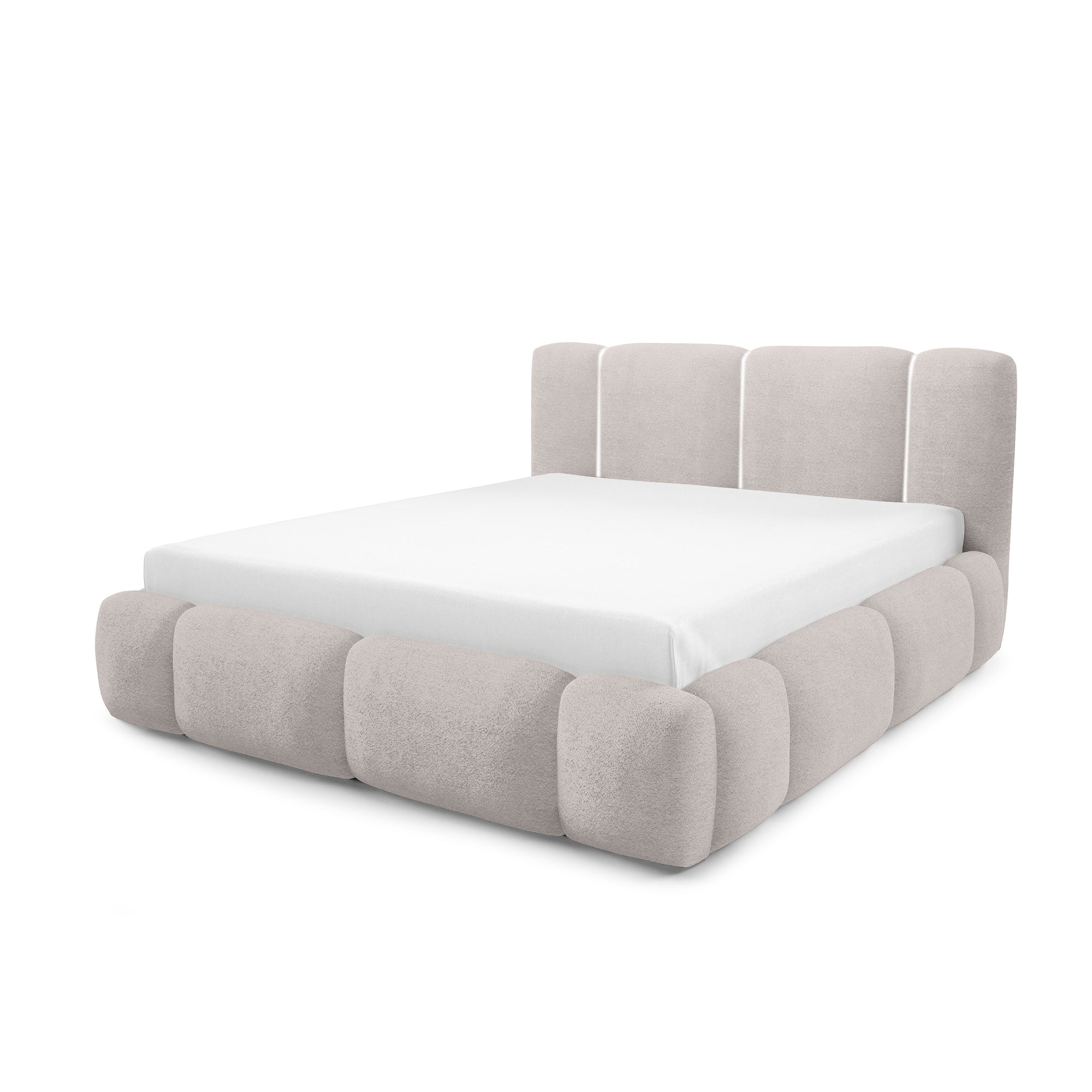 Łóżko tapicerowane z pojemnikiem w różnych rozmiarach w stylu japandi - LED, zagłówek segmentowy | Neria Tak Mglisty Kamień (LAMBI 09)