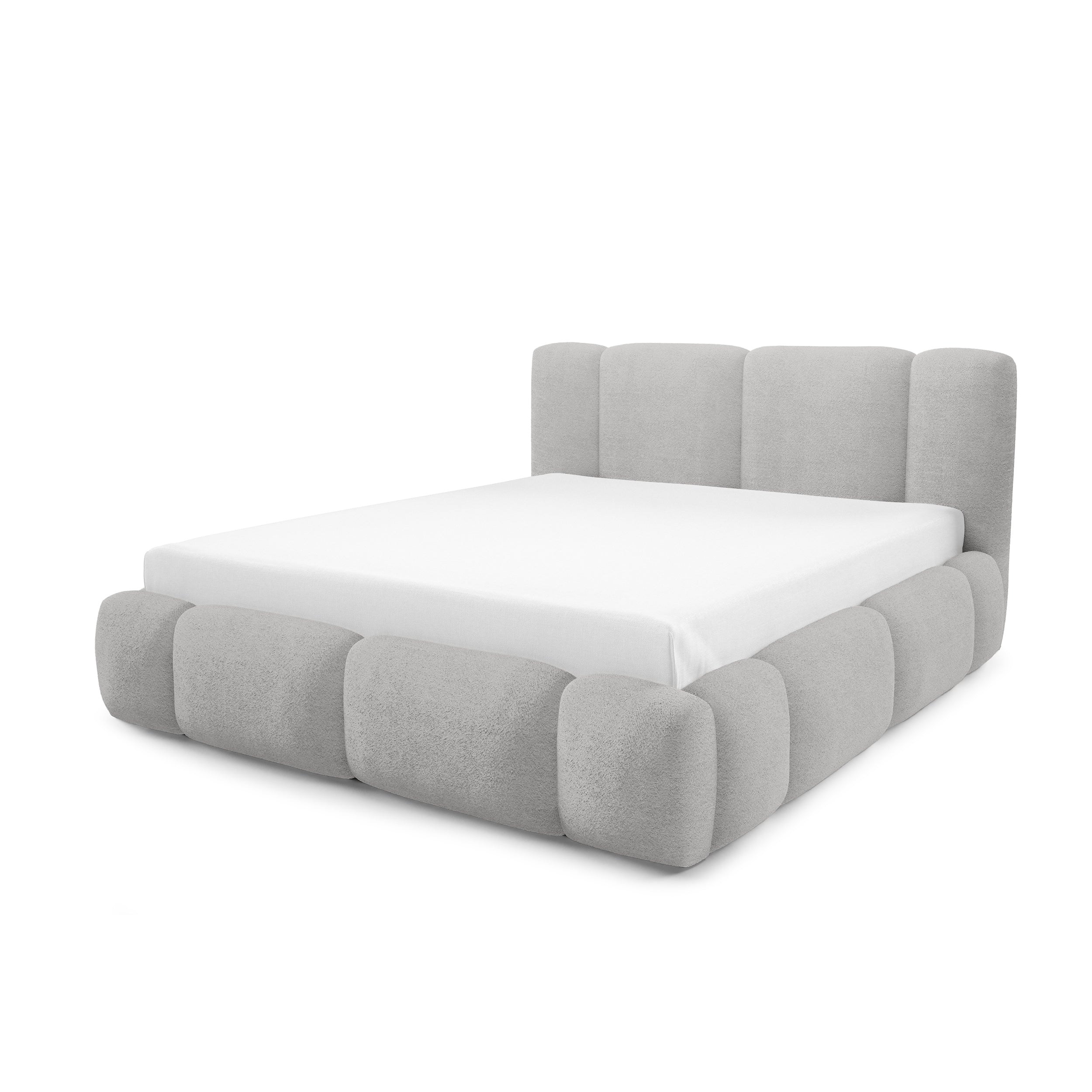 Łóżko tapicerowane z pojemnikiem w różnych rozmiarach w stylu japandi - LED, zagłówek segmentowy | Neria Nie Popielista Poświata (LAMBI 11)