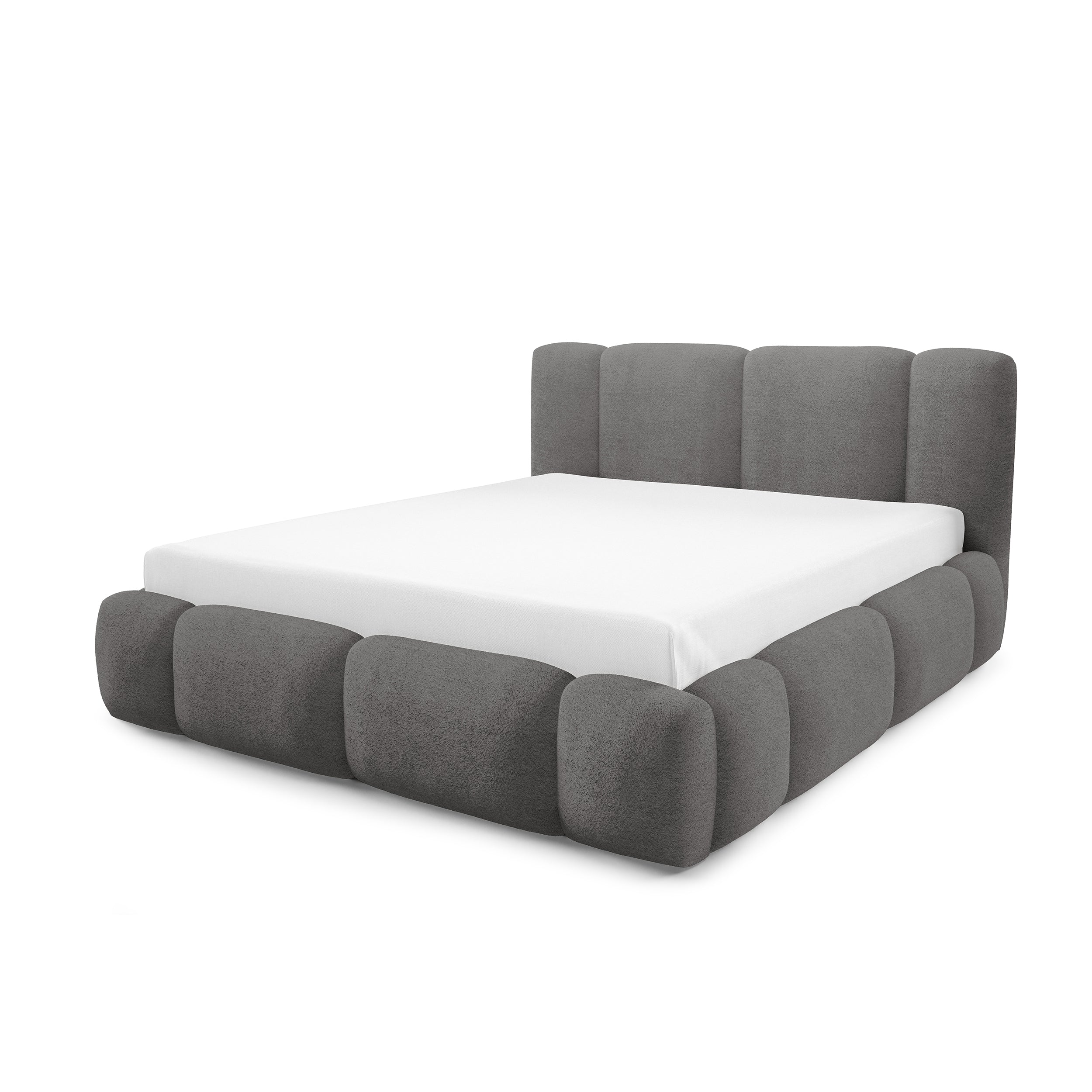 Łóżko tapicerowane z pojemnikiem w różnych rozmiarach w stylu japandi - LED, zagłówek segmentowy | Neria Nie Perłowa Szarość (LAMBI 12)