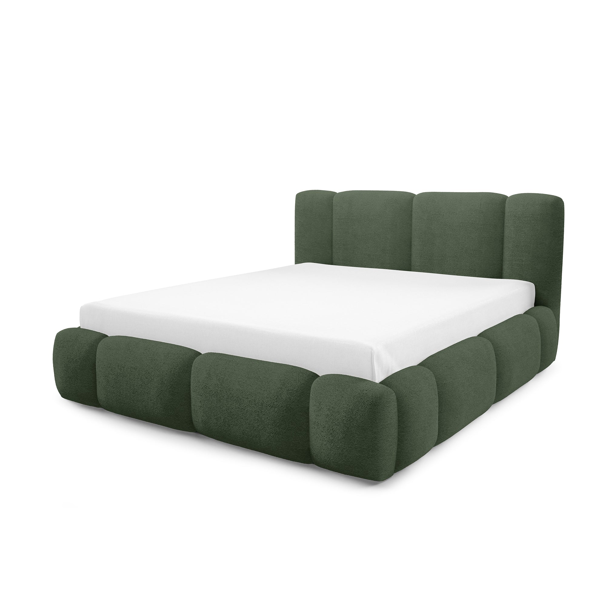 Łóżko tapicerowane z pojemnikiem w różnych rozmiarach w stylu japandi - LED, zagłówek segmentowy | Neria Nie Leśna Oliwka (LAMBI 15)