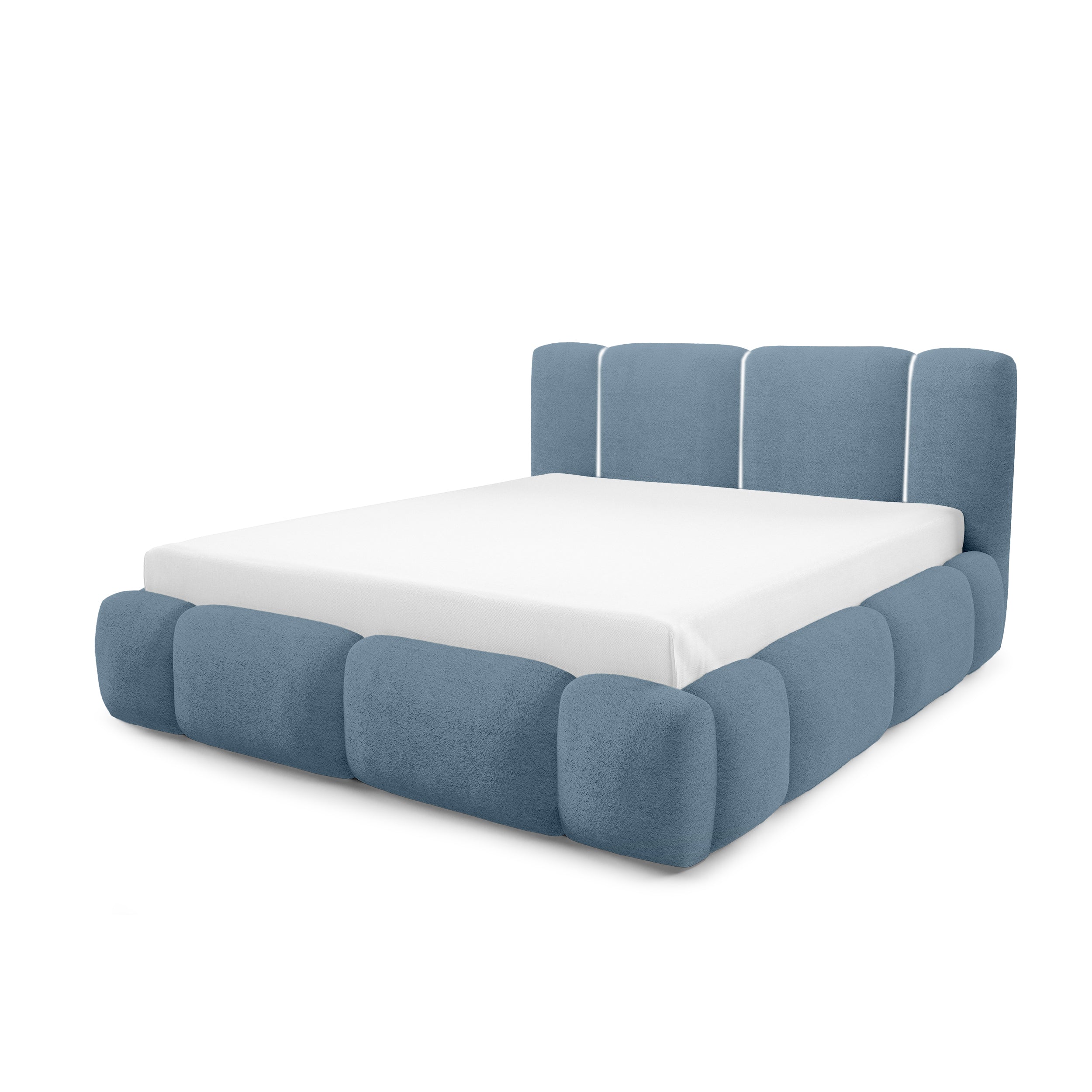 Łóżko tapicerowane z pojemnikiem w różnych rozmiarach w stylu japandi - LED, zagłówek segmentowy | Neria Tak Szarobłękitny Poranek (LAMBI 16)