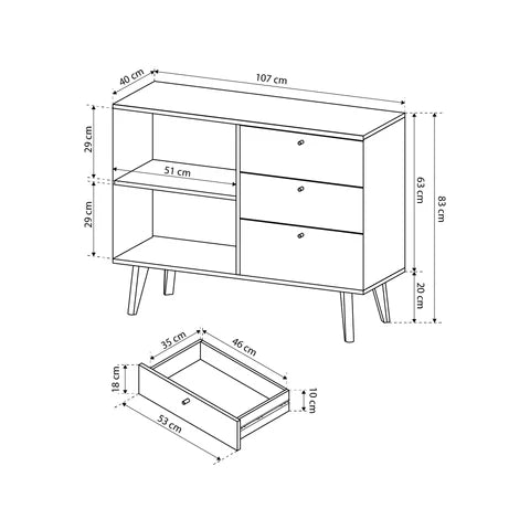 Komoda 107x83 w stylu skandynawskim - metalowe gałki, drewniane skośne nogi, kompaktowa forma | Lato