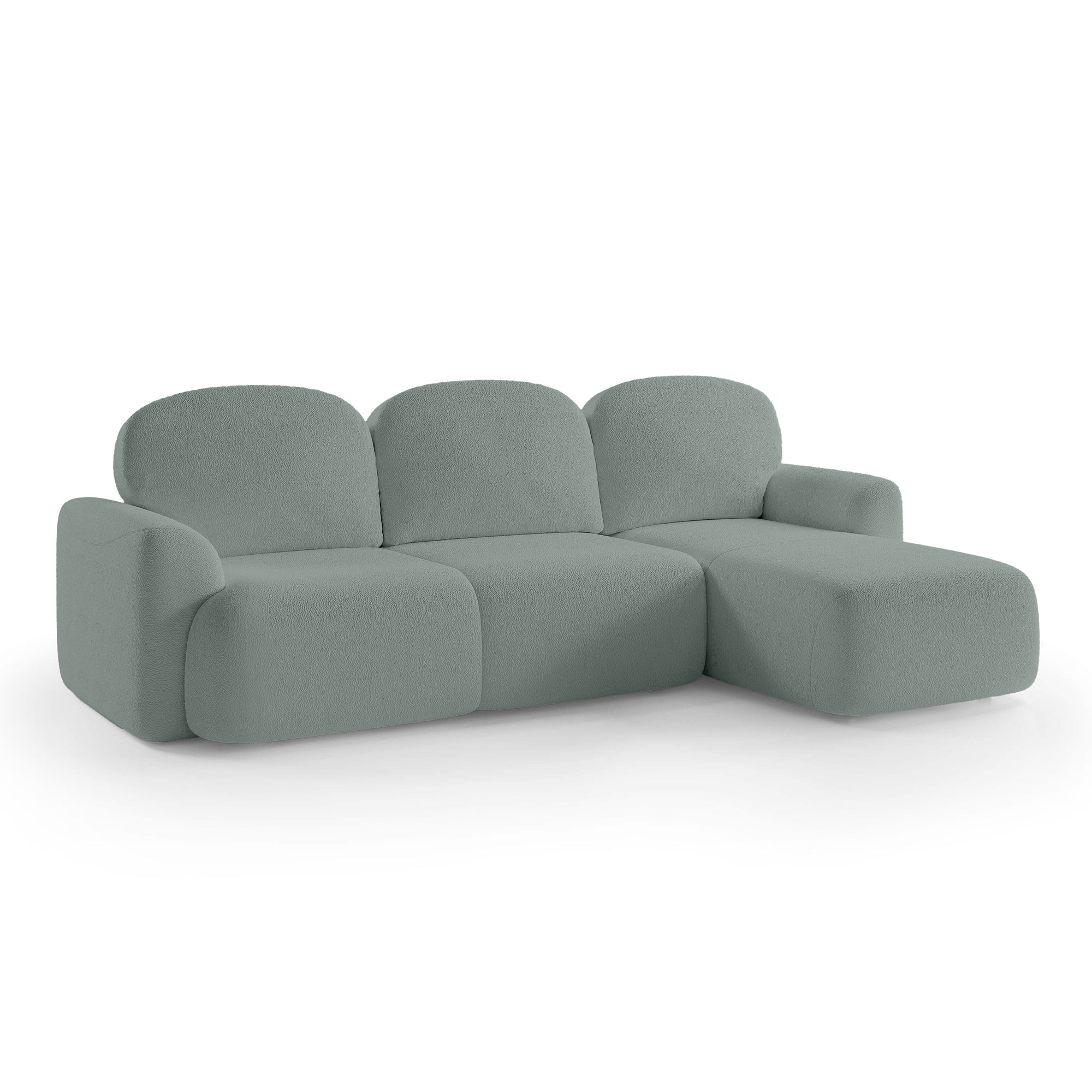 Narożnik z funkcją spania 3–4 osobowy DL 260 cm w stylu nowoczesnym – system Lux, pianka HR, pojemnik na pościel | Bulu Prawostronna Mgła Oceanu (PERFECT HARMONY 72)