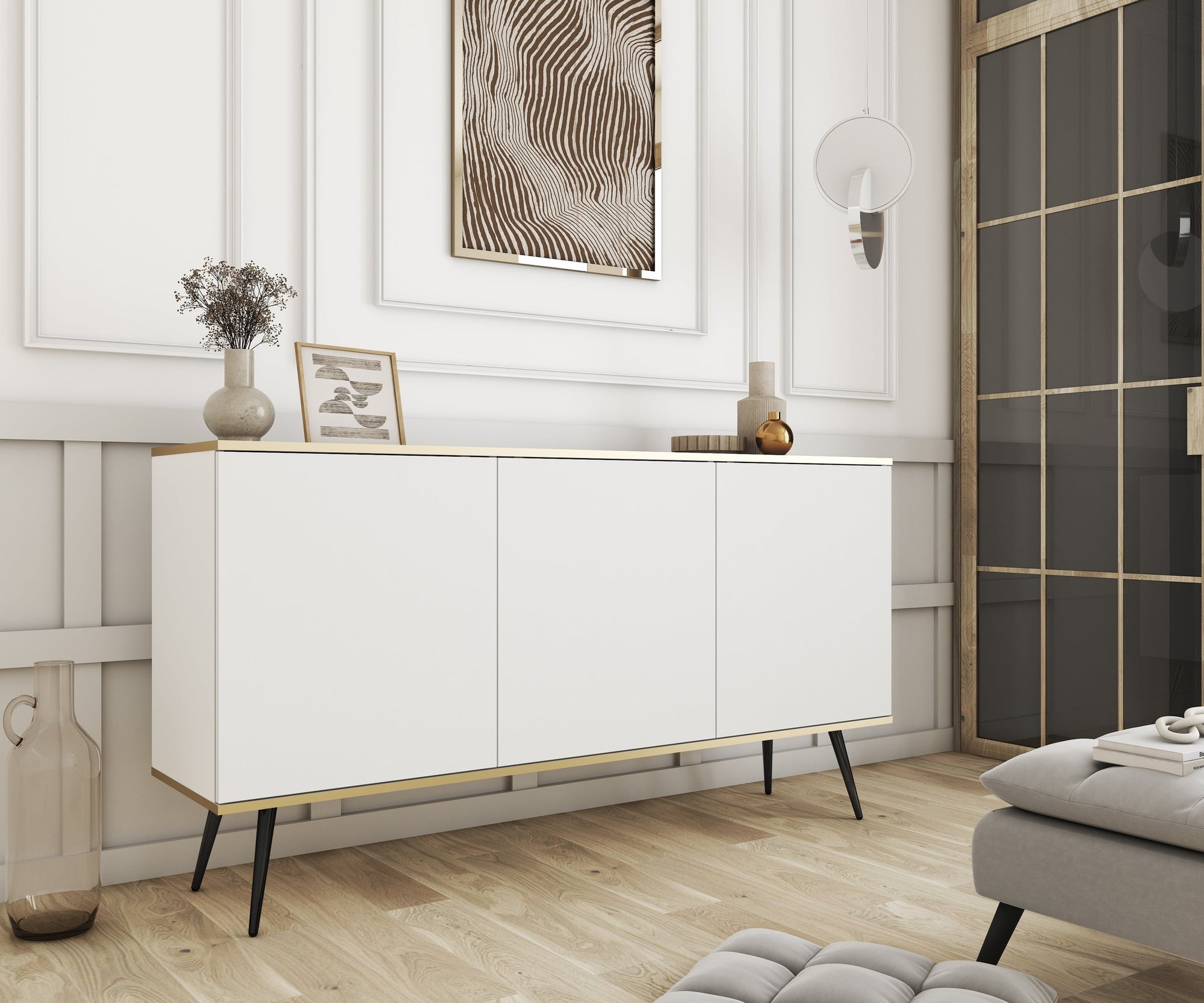 Komoda 160x85 w stylu glamour - szeroka zabudowa, push-to-open, metalowe nogi | Meva