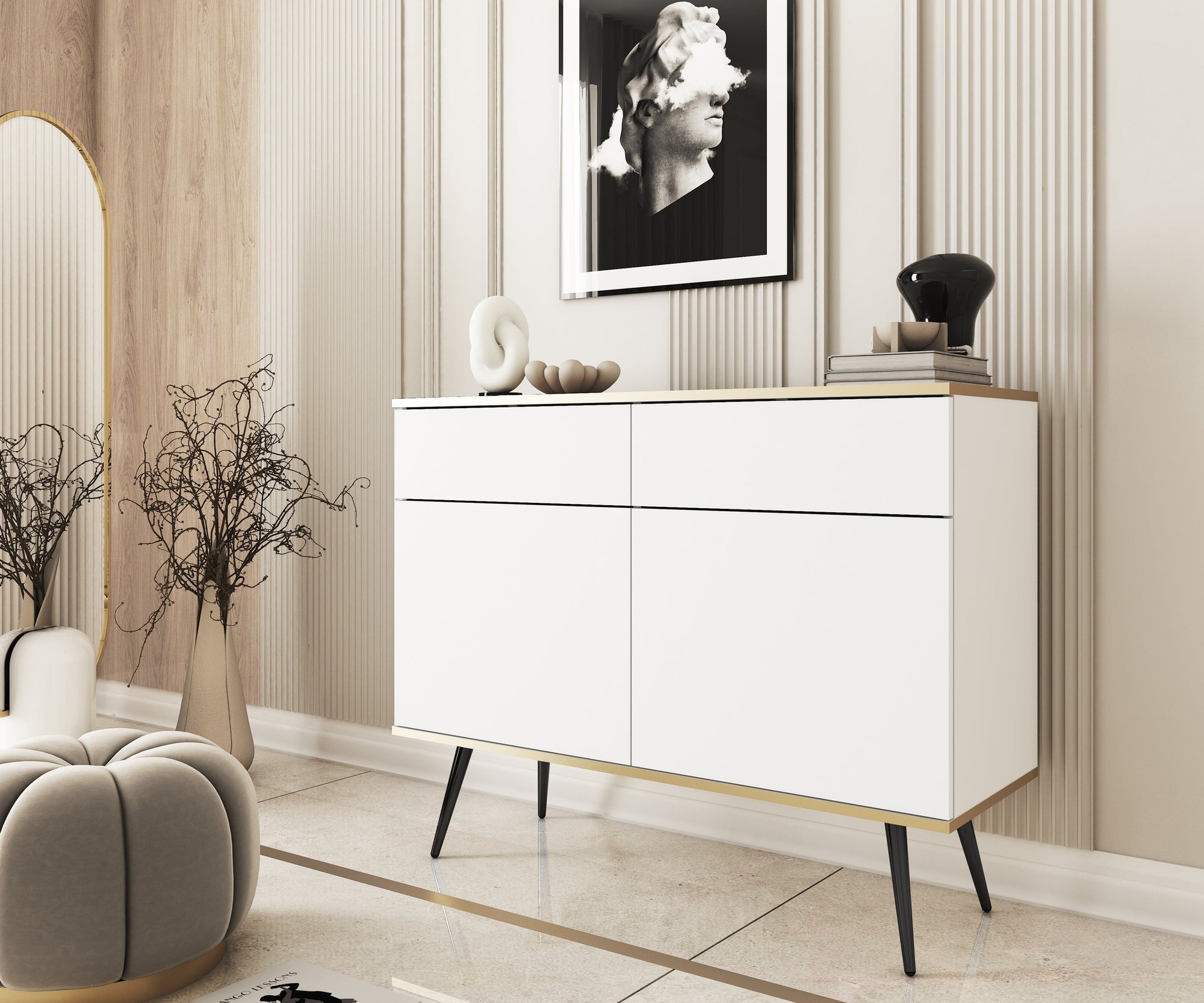 Komoda 107x85 w stylu glamour - bezuchwytowe fronty, push-to-open, złote detale | Meva