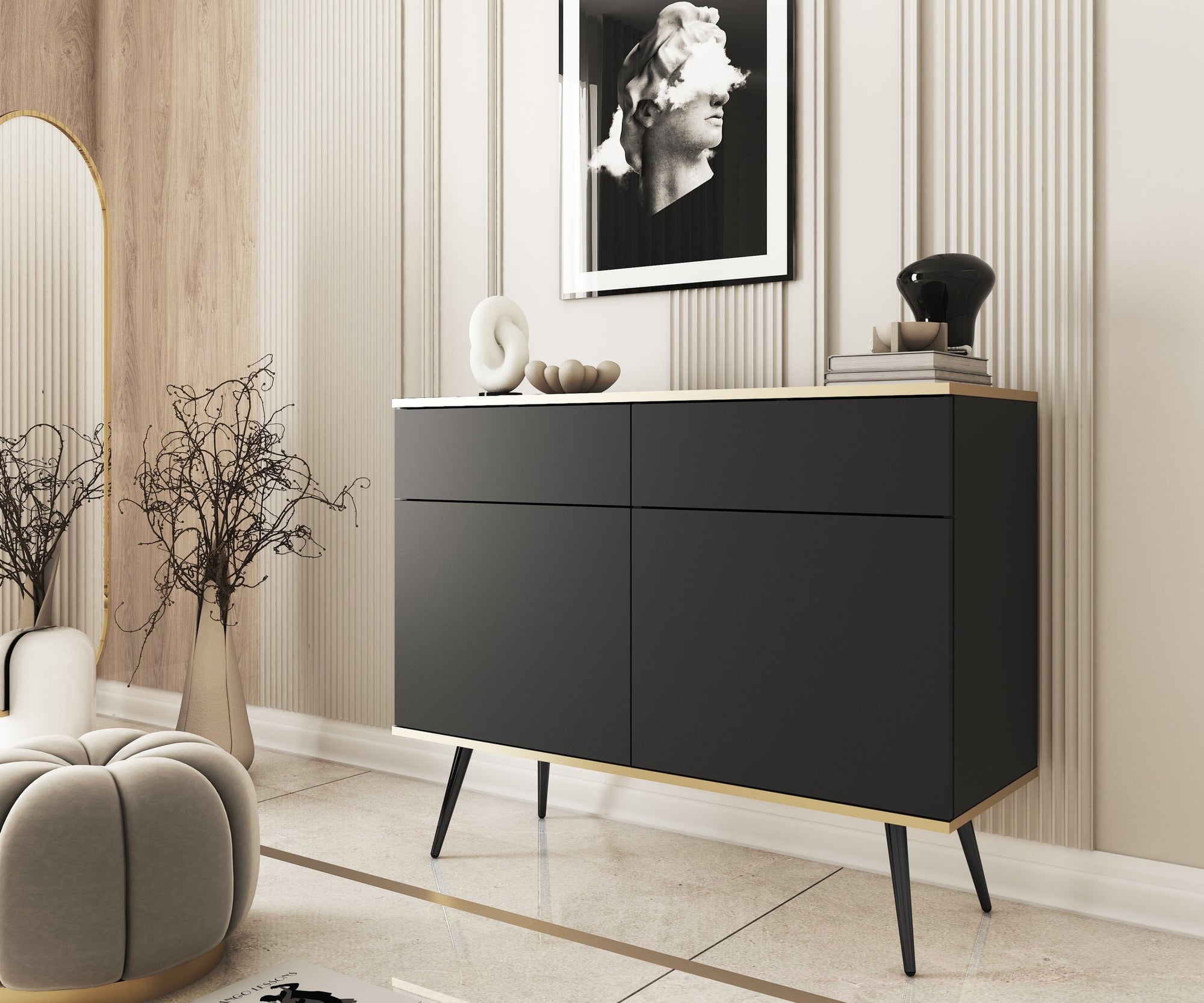 Komoda 107x85 w stylu glamour - bezuchwytowe fronty, push-to-open, złote detale | Meva