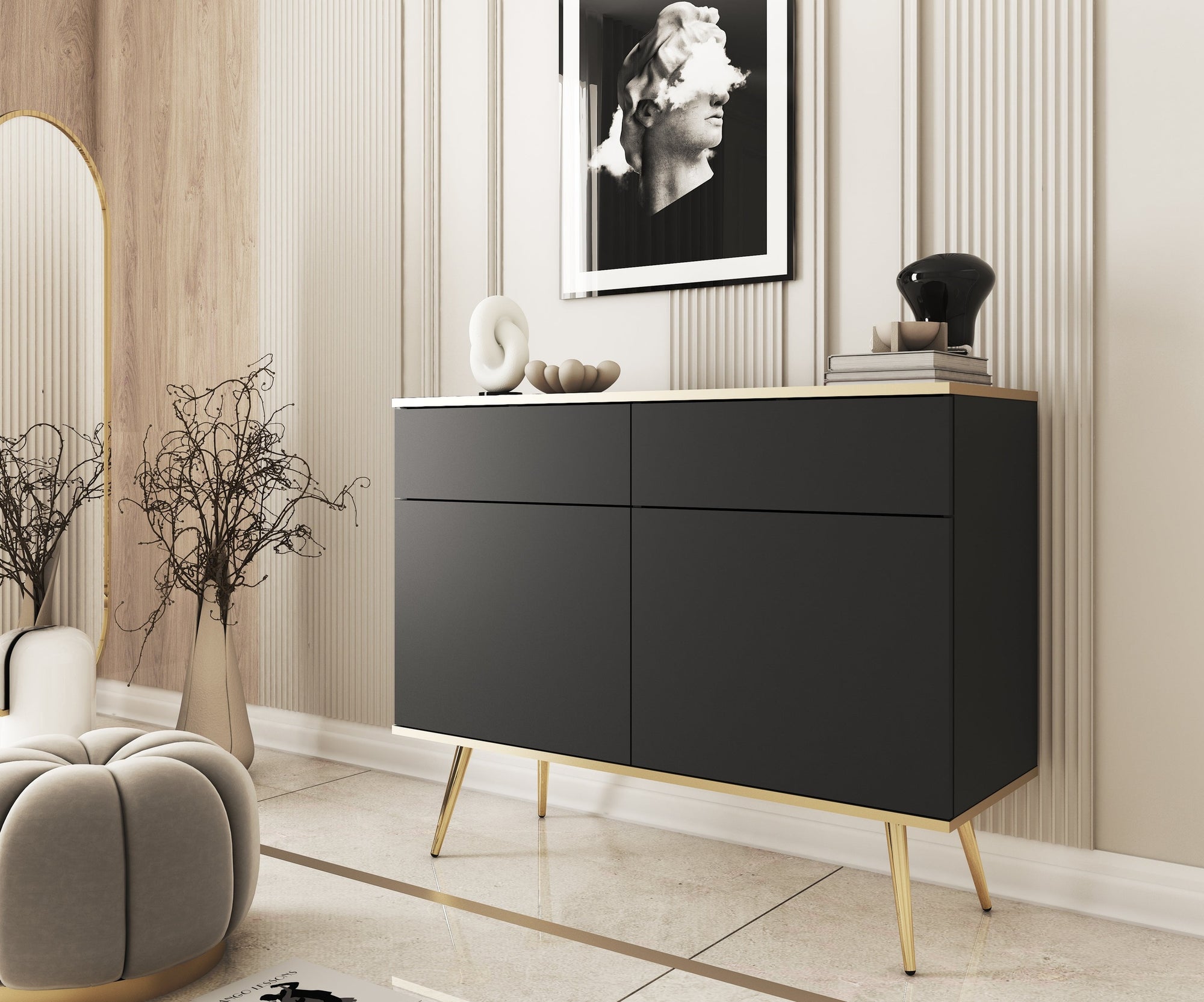 Komoda 107x85 w stylu glamour - bezuchwytowe fronty, push-to-open, złote detale | Meva