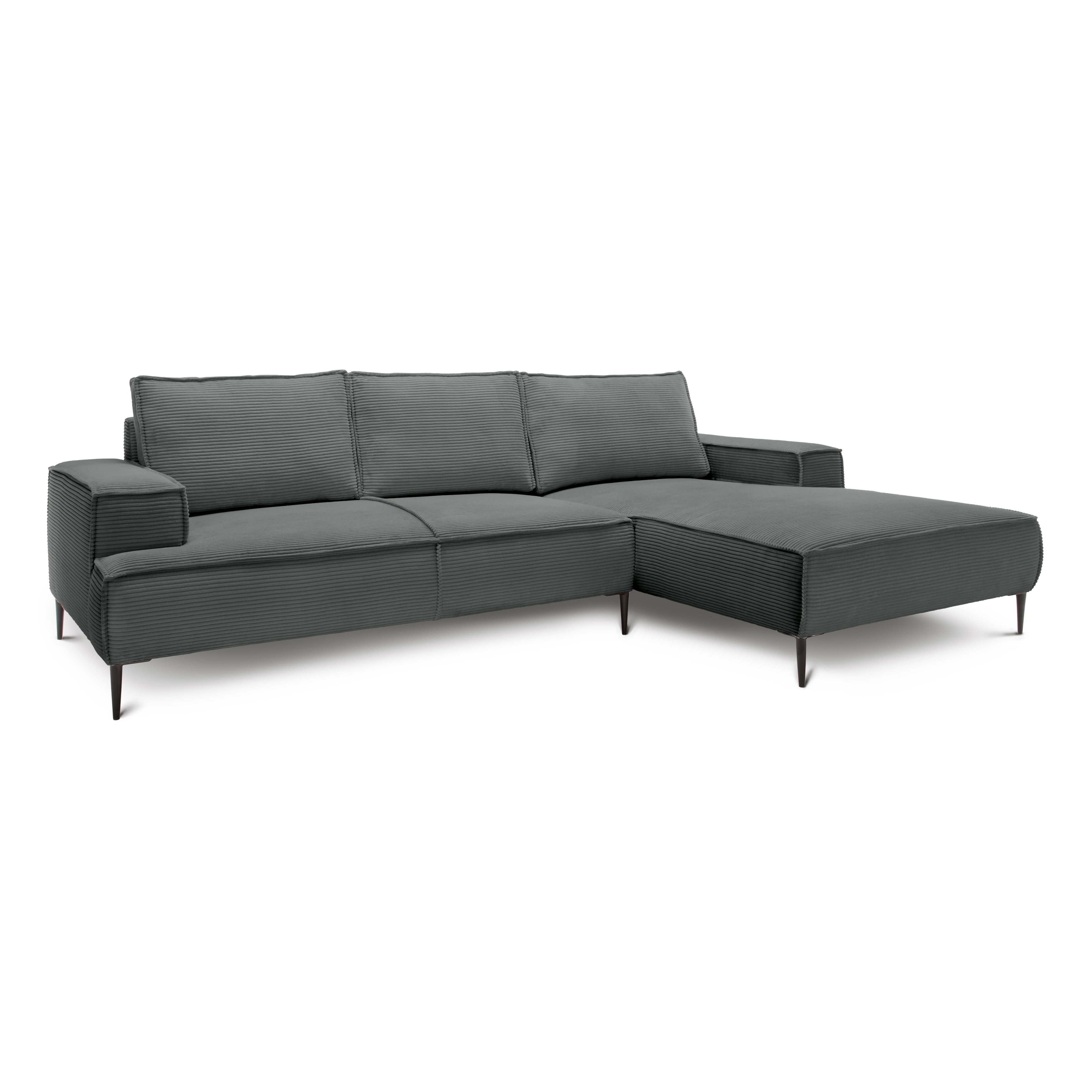 Narożnik 3-osobowy 275 cm w stylu modern classic – tkanina POSO, pianka T35 | May Cynk (POSO 115) Prawostronny