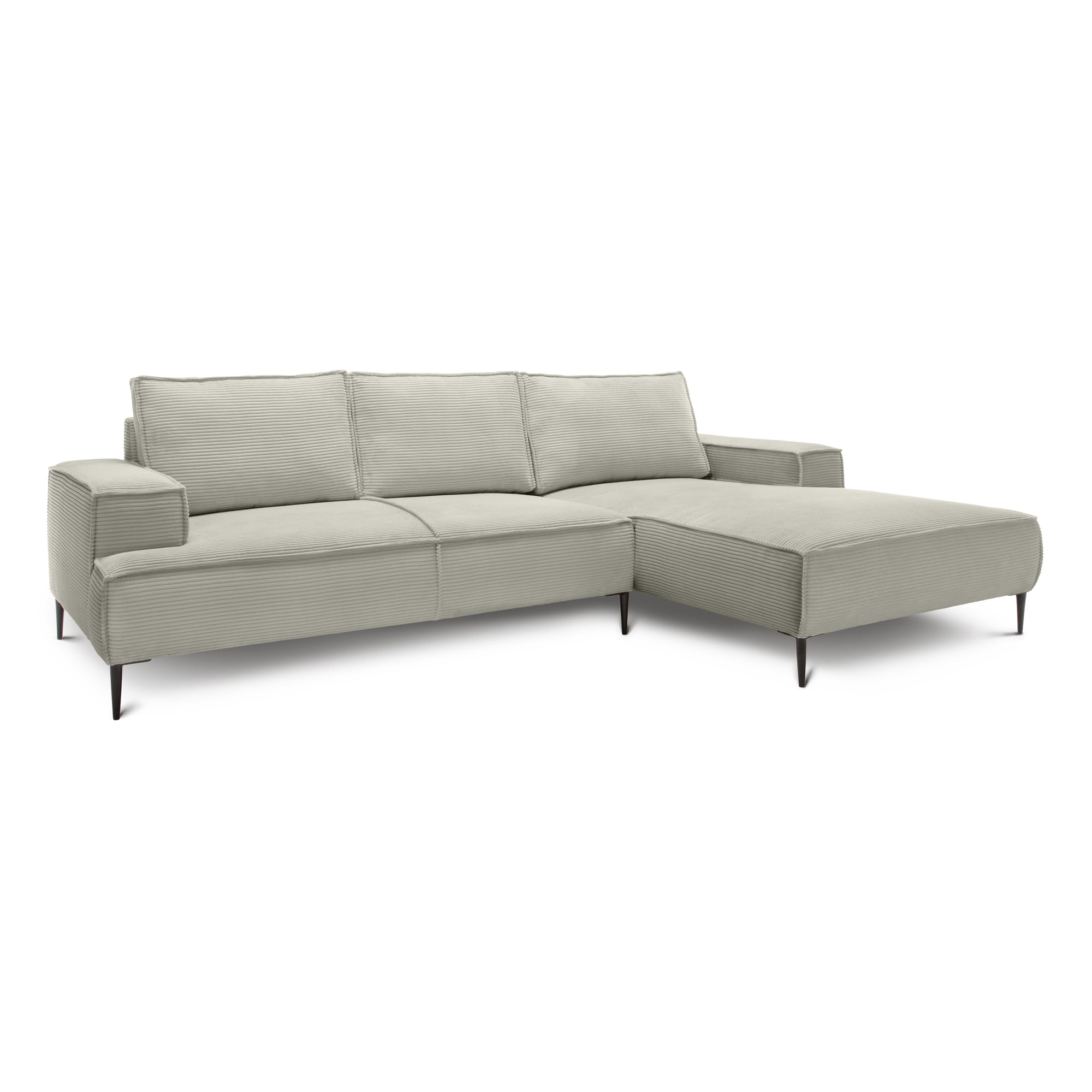 Narożnik 3-osobowy 275 cm w stylu modern classic – tkanina POSO, pianka T35 | May Szary Len (POSO 140) Prawostronny