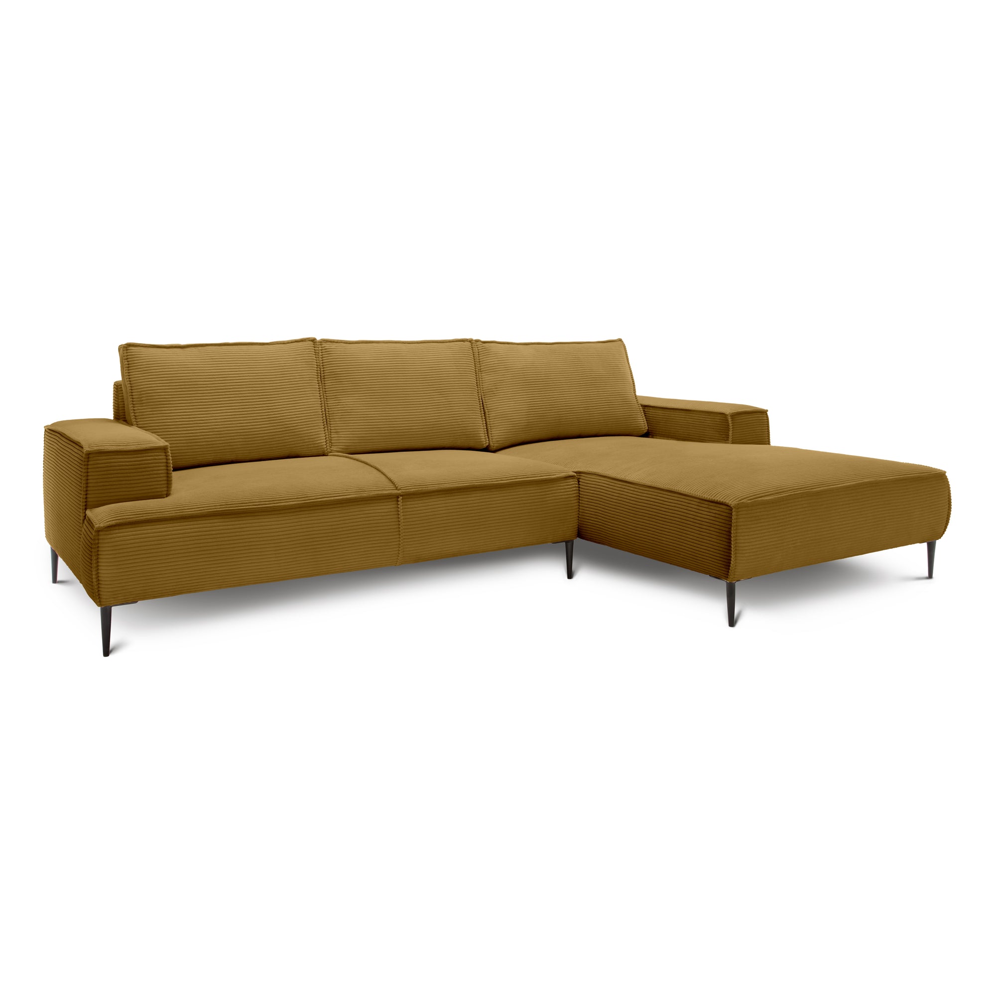 Narożnik 3-osobowy 275 cm w stylu modern classic – tkanina POSO, pianka T35 | May Złocisty Orzech (POSO 01) Prawostronny