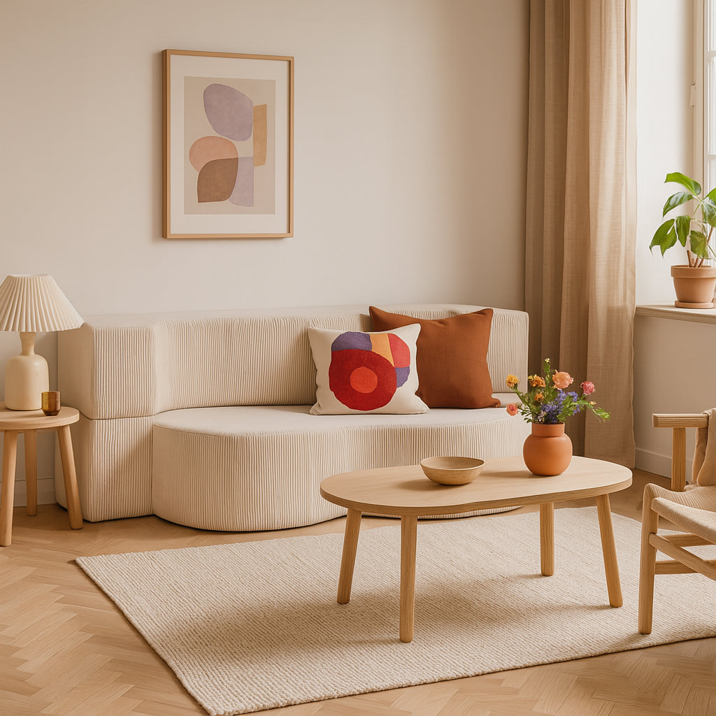 Sofa piankowa wolnostojąca 200 cm z funkcją spania w stylu japandi – sztruks POSO, kompaktowa forma | Kamelia