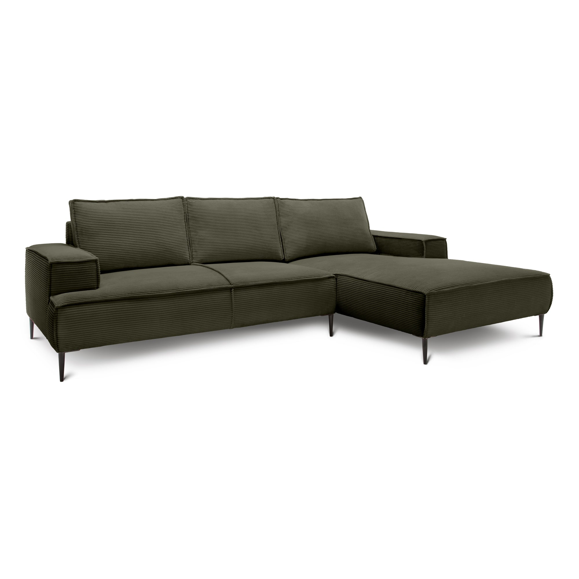 Narożnik 3-osobowy 275 cm w stylu modern classic – tkanina POSO, pianka T35 | May Zielony Dąb (POSO 46) Prawostronny