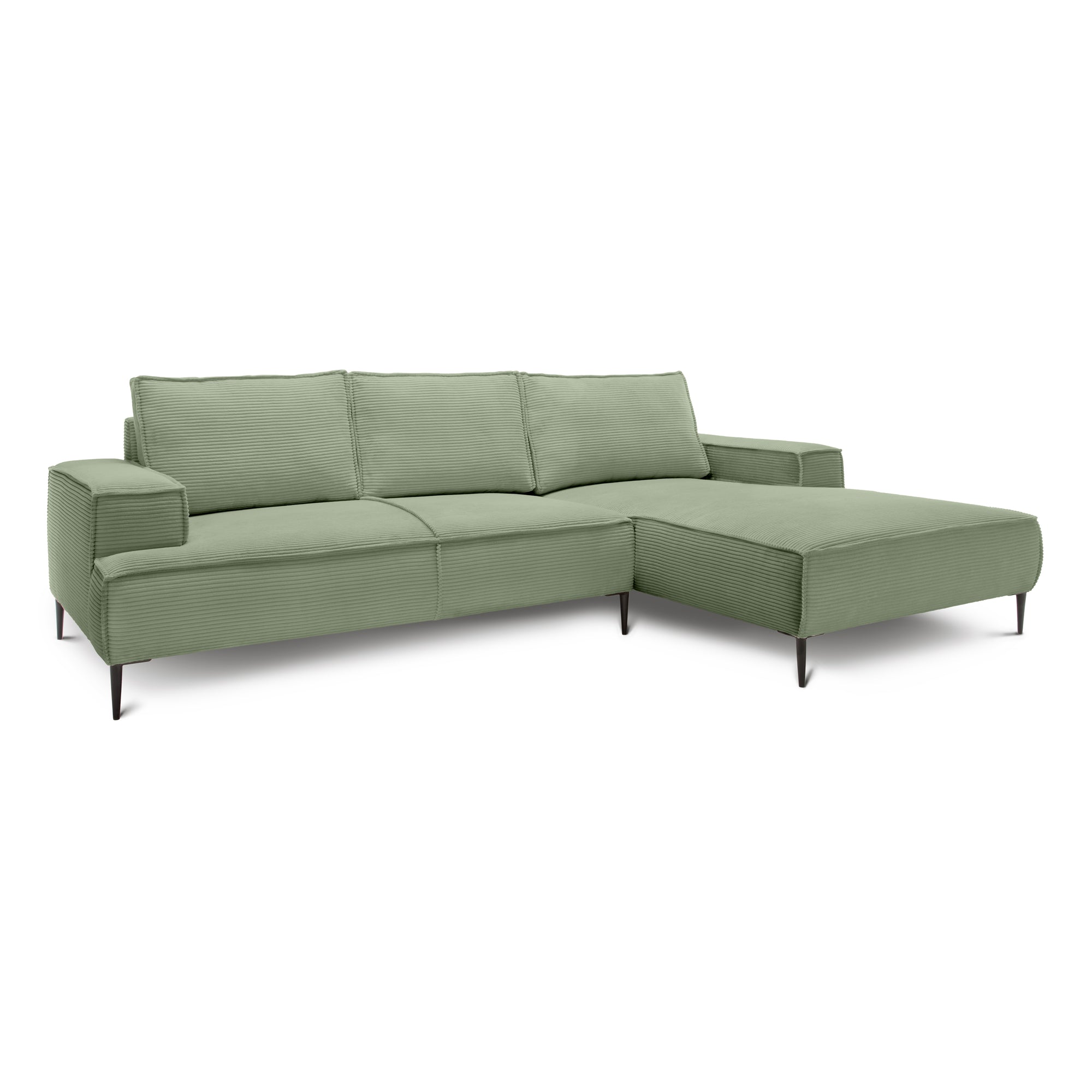 Narożnik 3-osobowy 275 cm w stylu modern classic – tkanina POSO, pianka T35 | May Szarozieleń (POSO 47) Prawostronny