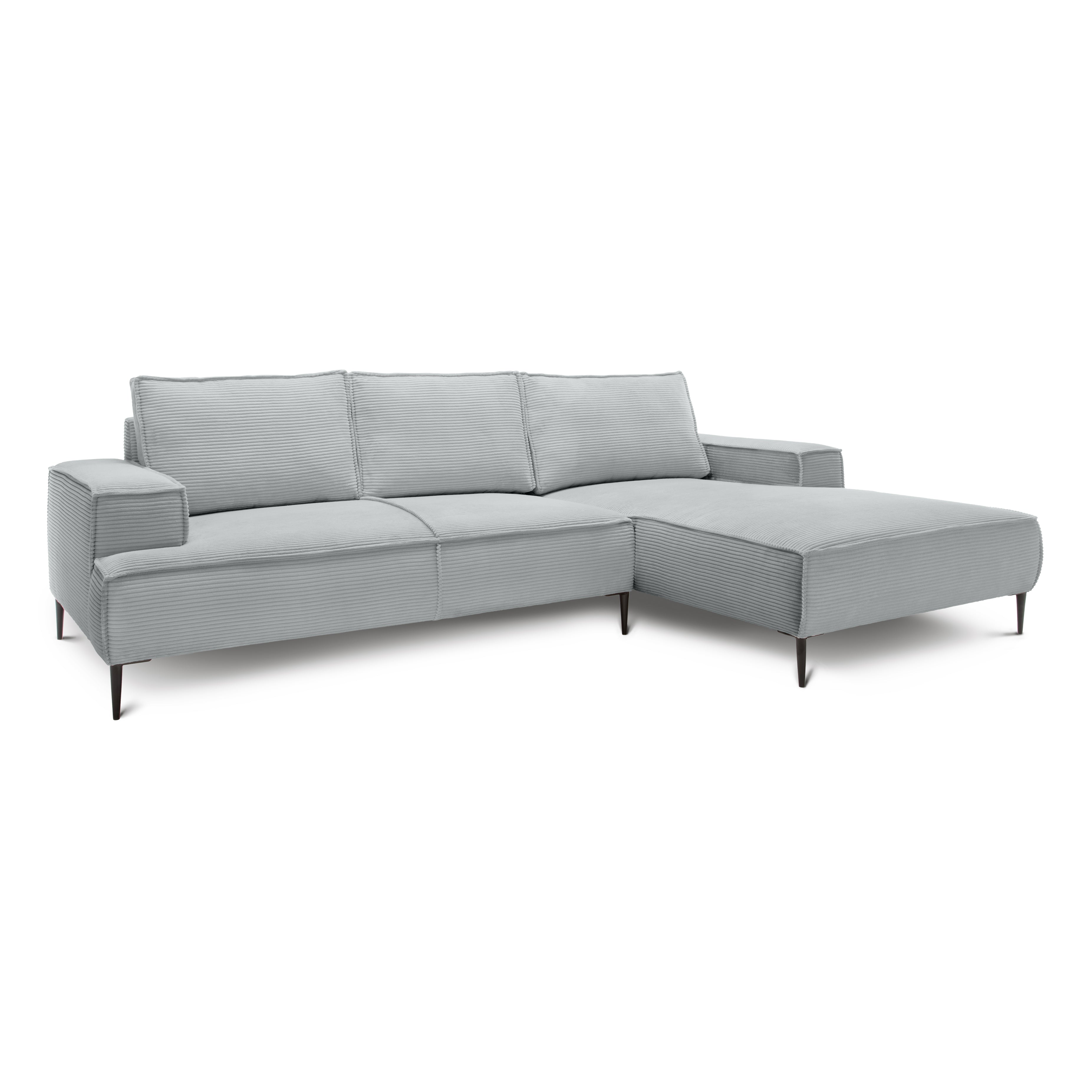 Narożnik 3-osobowy 275 cm w stylu modern classic – tkanina POSO, pianka T35 | May Szary Bambus (POSO 55) Prawostronny