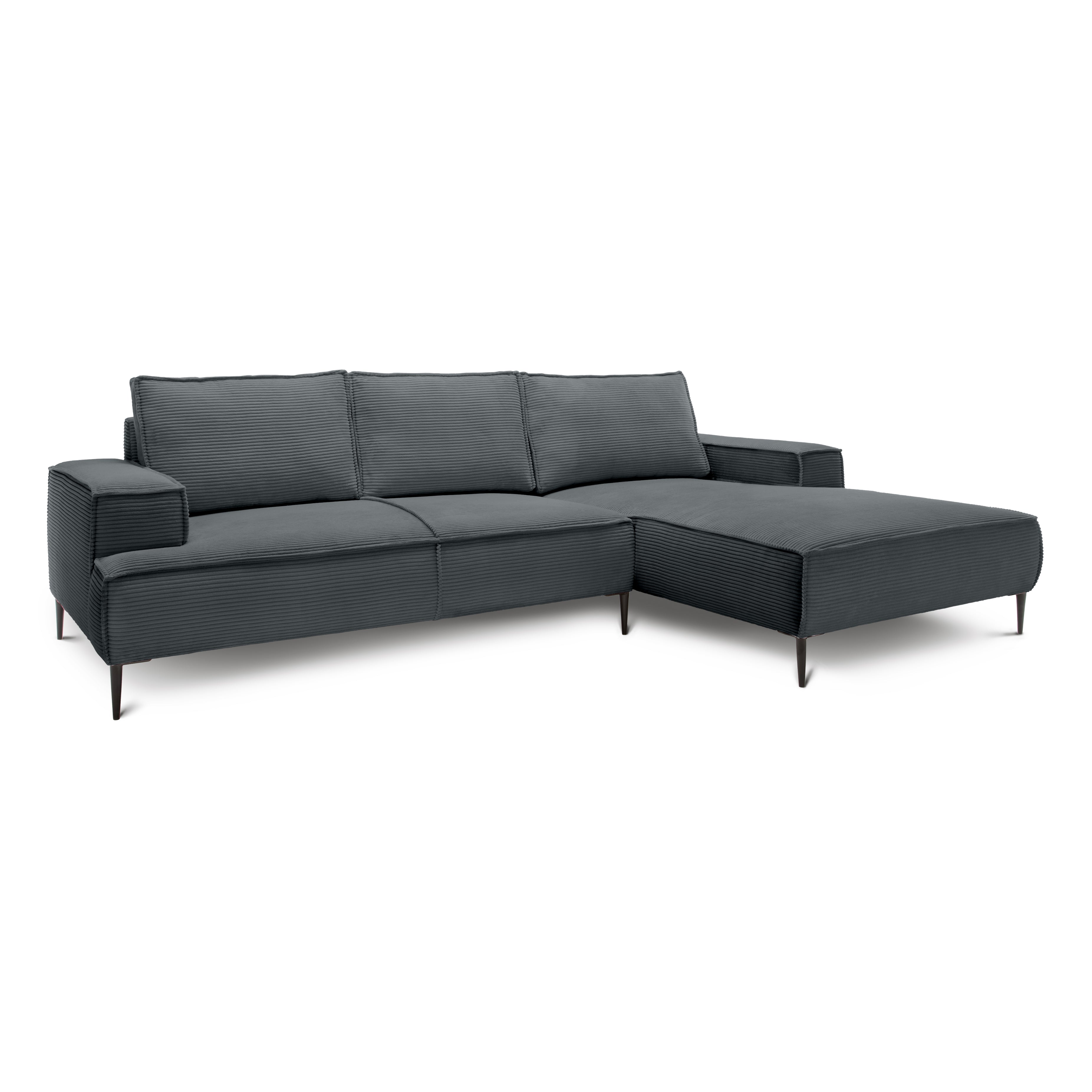 Narożnik 3-osobowy 275 cm w stylu modern classic – tkanina POSO, pianka T35 | May Grafitowy Mech (POSO 60) Prawostronny
