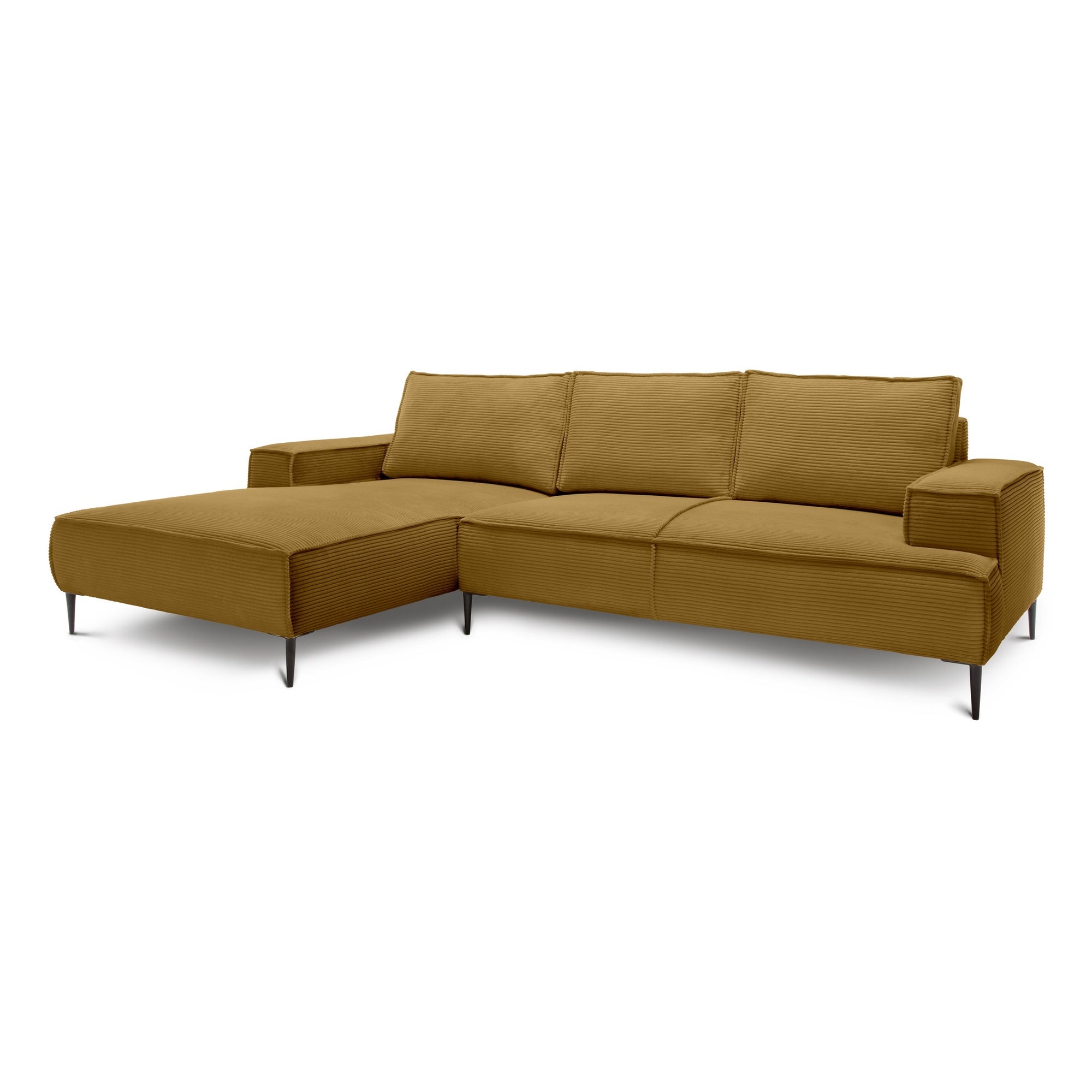 Narożnik 3-osobowy 275 cm w stylu modern classic – tkanina POSO, pianka T35 | May Złocisty Orzech (POSO 01) Lewostronny
