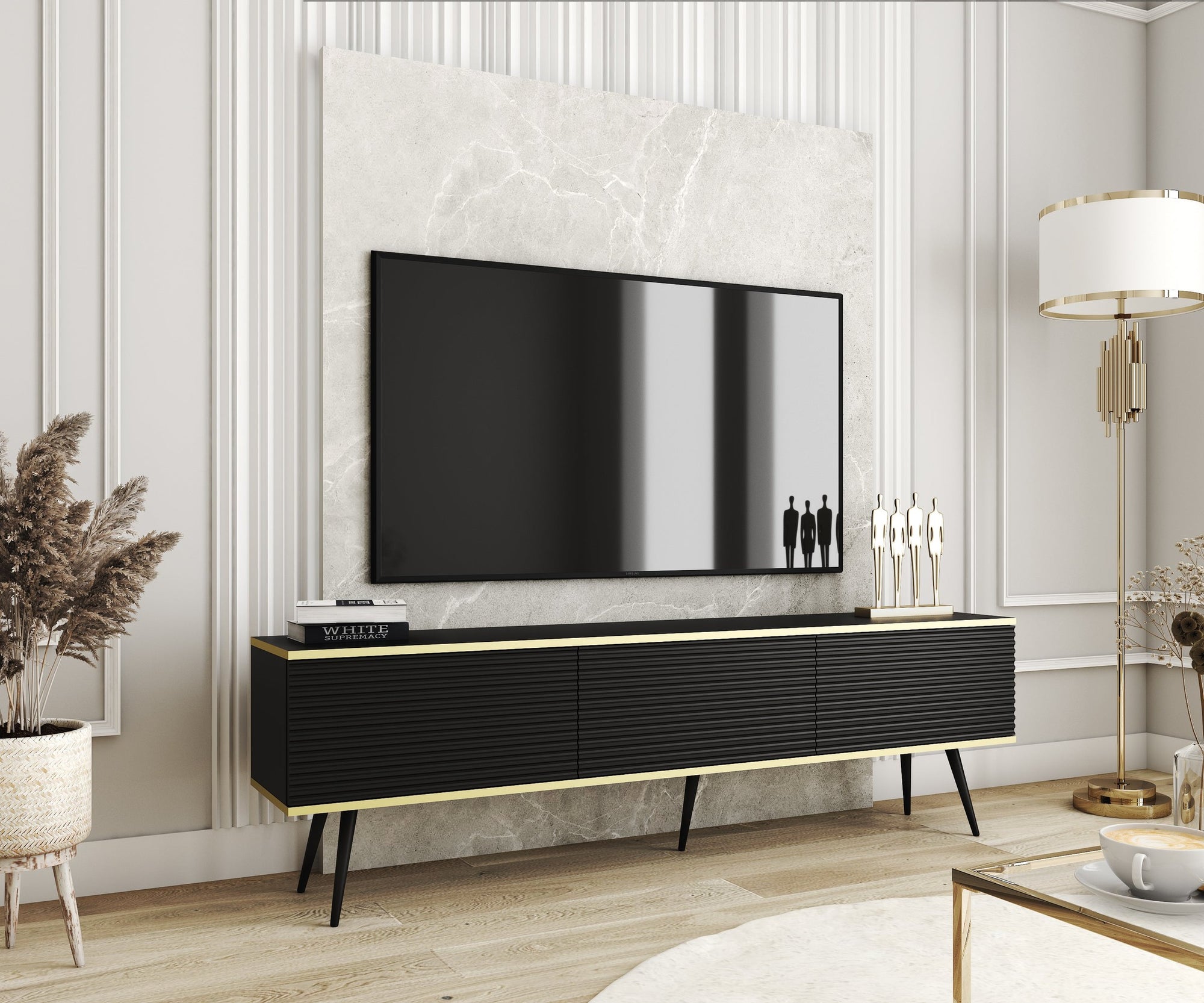 Szafka RTV 175x30 ze złotymi akcentami - ryflowany front MDF, system push-to-open | Meva