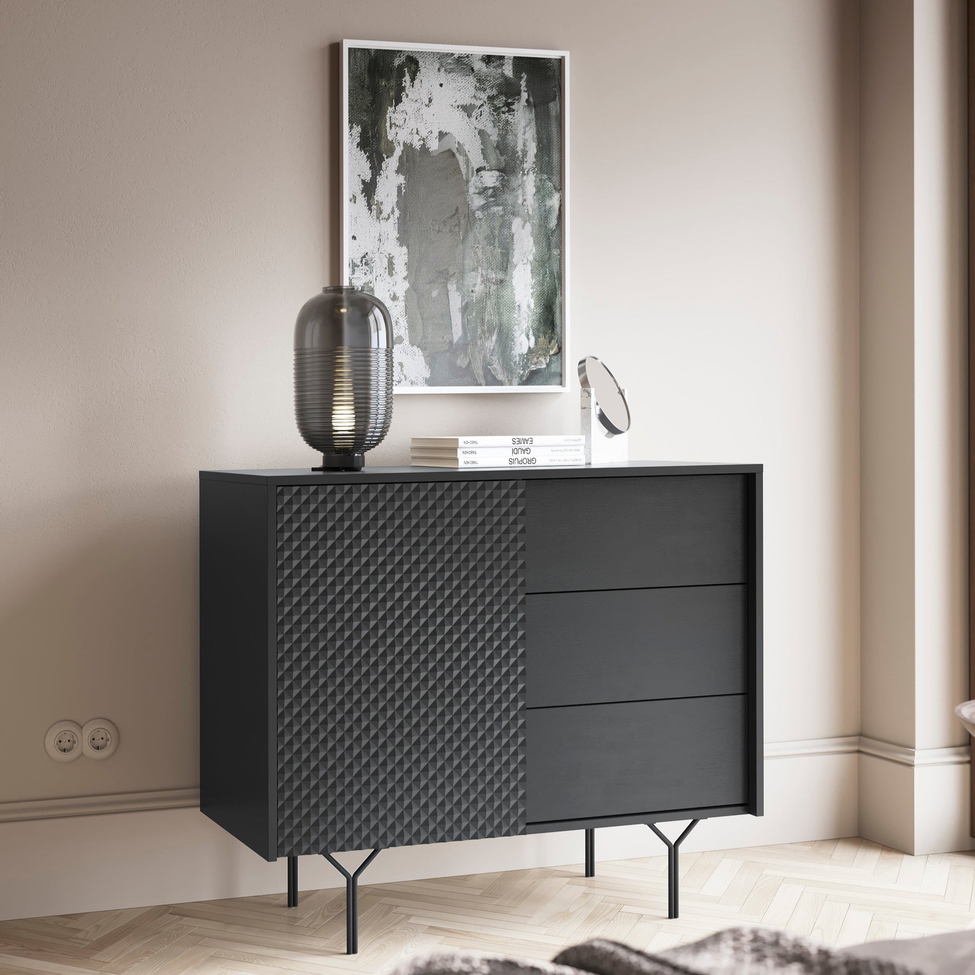 Komoda 97x83 w stylu industrialnym - frezowane fronty 3D, push-to-open, stalowe nogi | Rubin
