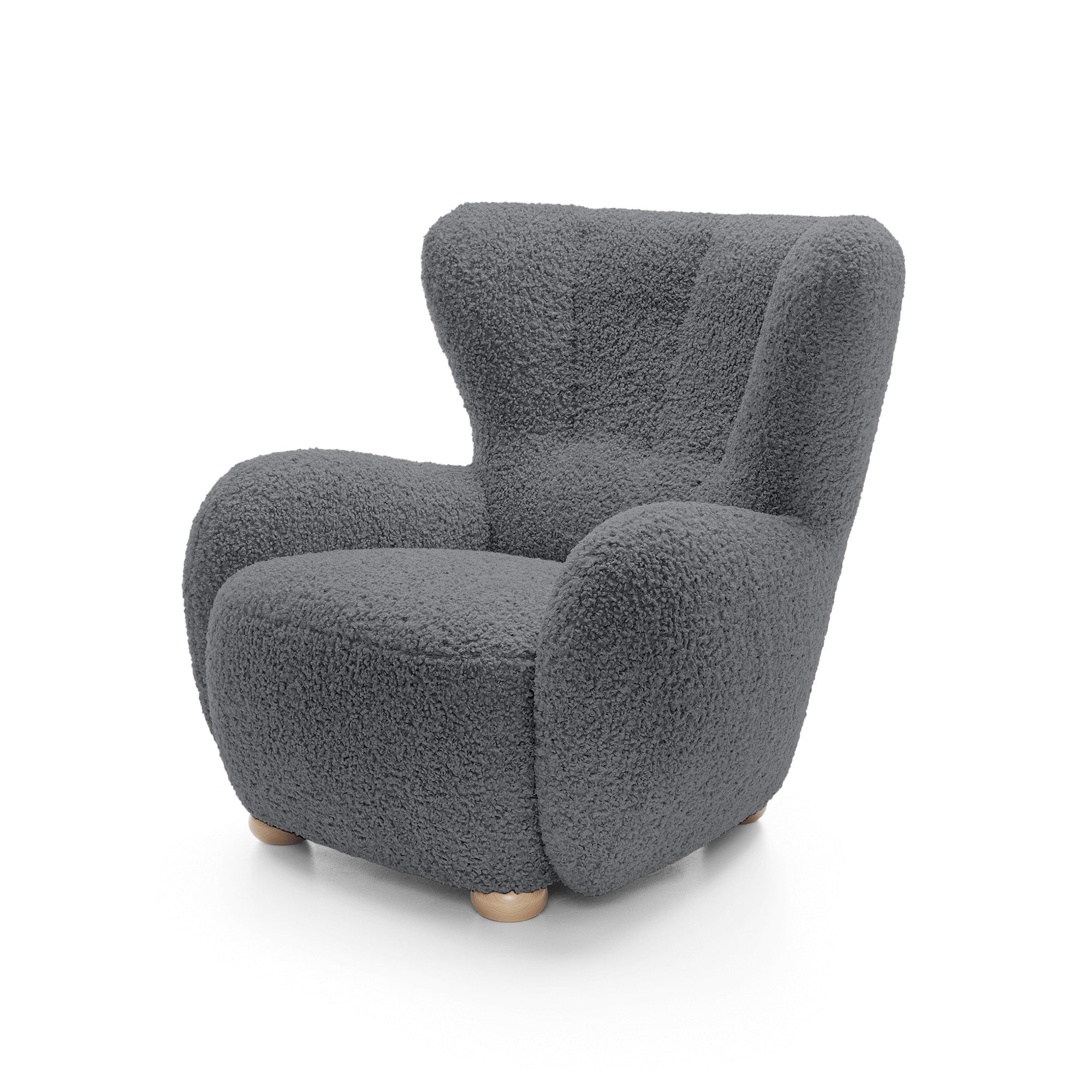 Fotel 88 cm do relaksu w stylu skandynawskim – tkanina ROLF bouclé, drewniane nogi | Tedi Bazaltowy Brąz (ROLF 07) Buk