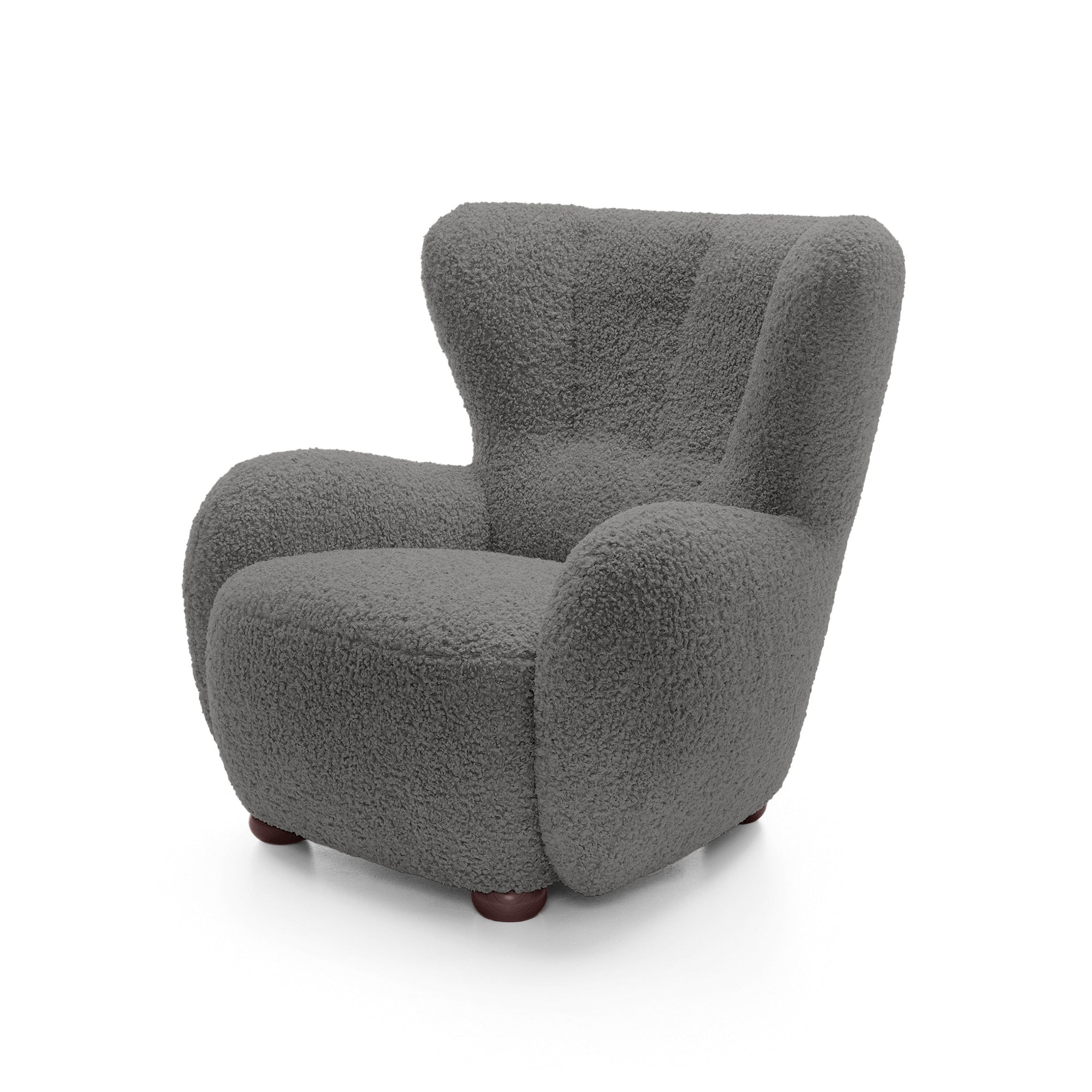 Fotel 88 cm do relaksu w stylu skandynawskim – tkanina ROLF bouclé, drewniane nogi | Tedi Bazaltowy Brąz (ROLF 07) Orzech