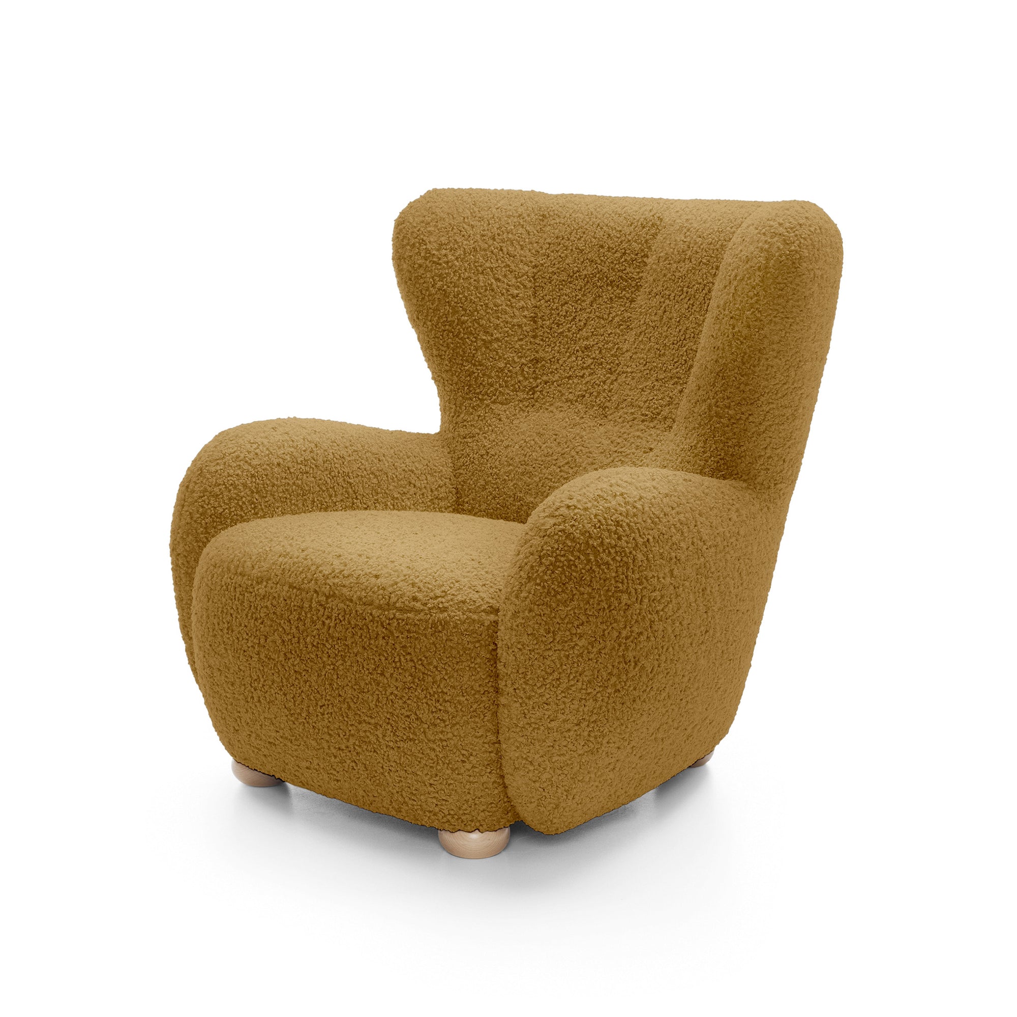 Fotel 88 cm do relaksu w stylu skandynawskim – tkanina ROLF bouclé, drewniane nogi | Tedi Orzechowa Terra (ROLF 12) Buk