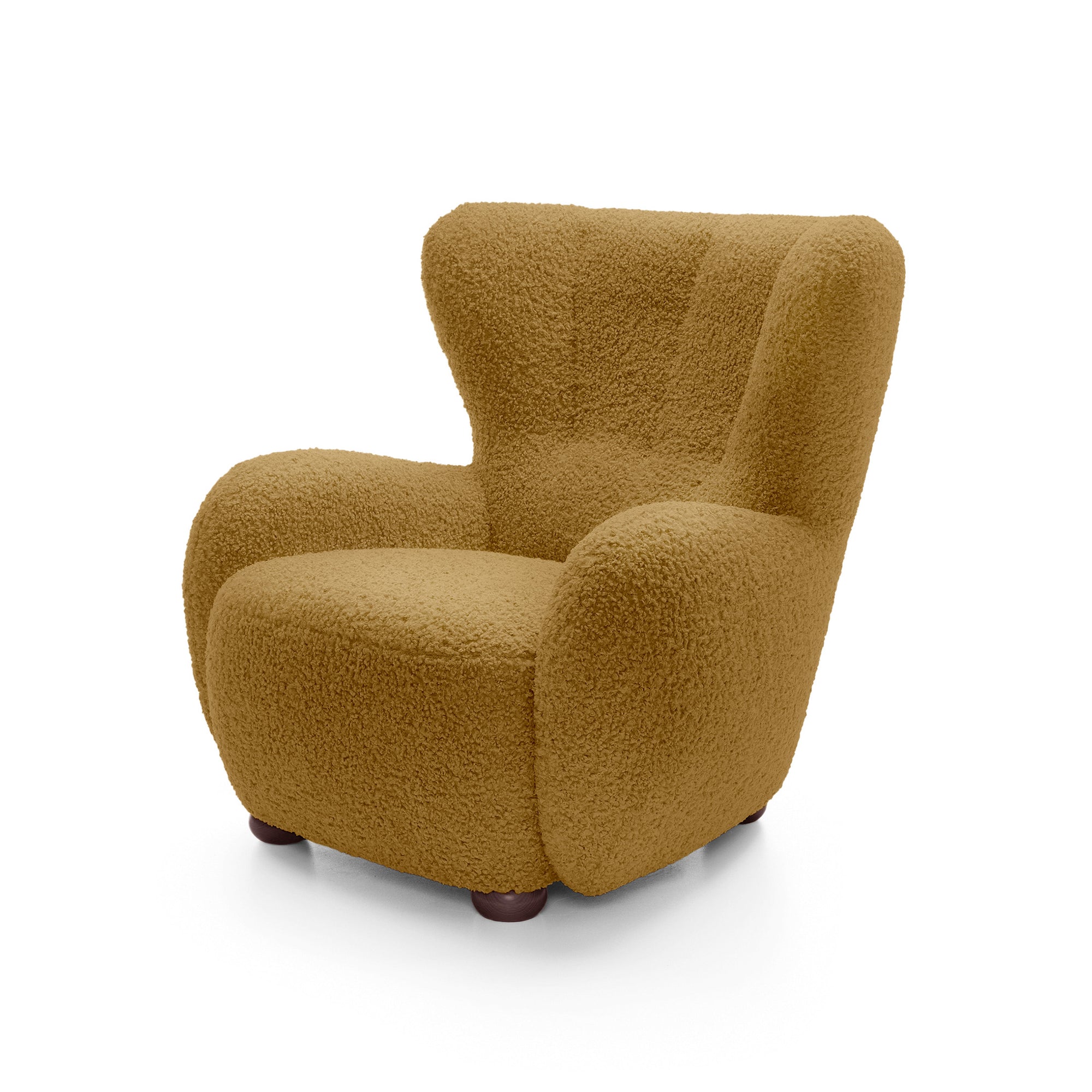 Fotel 88 cm do relaksu w stylu skandynawskim – tkanina ROLF bouclé, drewniane nogi | Tedi Orzechowa Terra (ROLF 12) Orzech