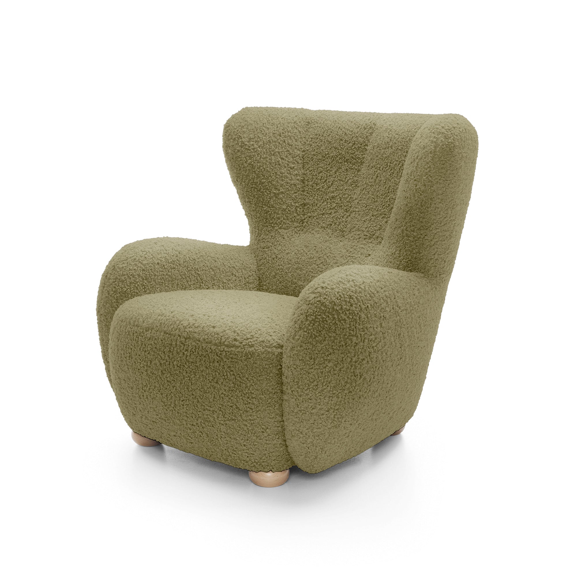 Fotel 88 cm do relaksu w stylu skandynawskim – tkanina ROLF bouclé, drewniane nogi | Tedi Miodowy Mech (ROLF 13) Buk