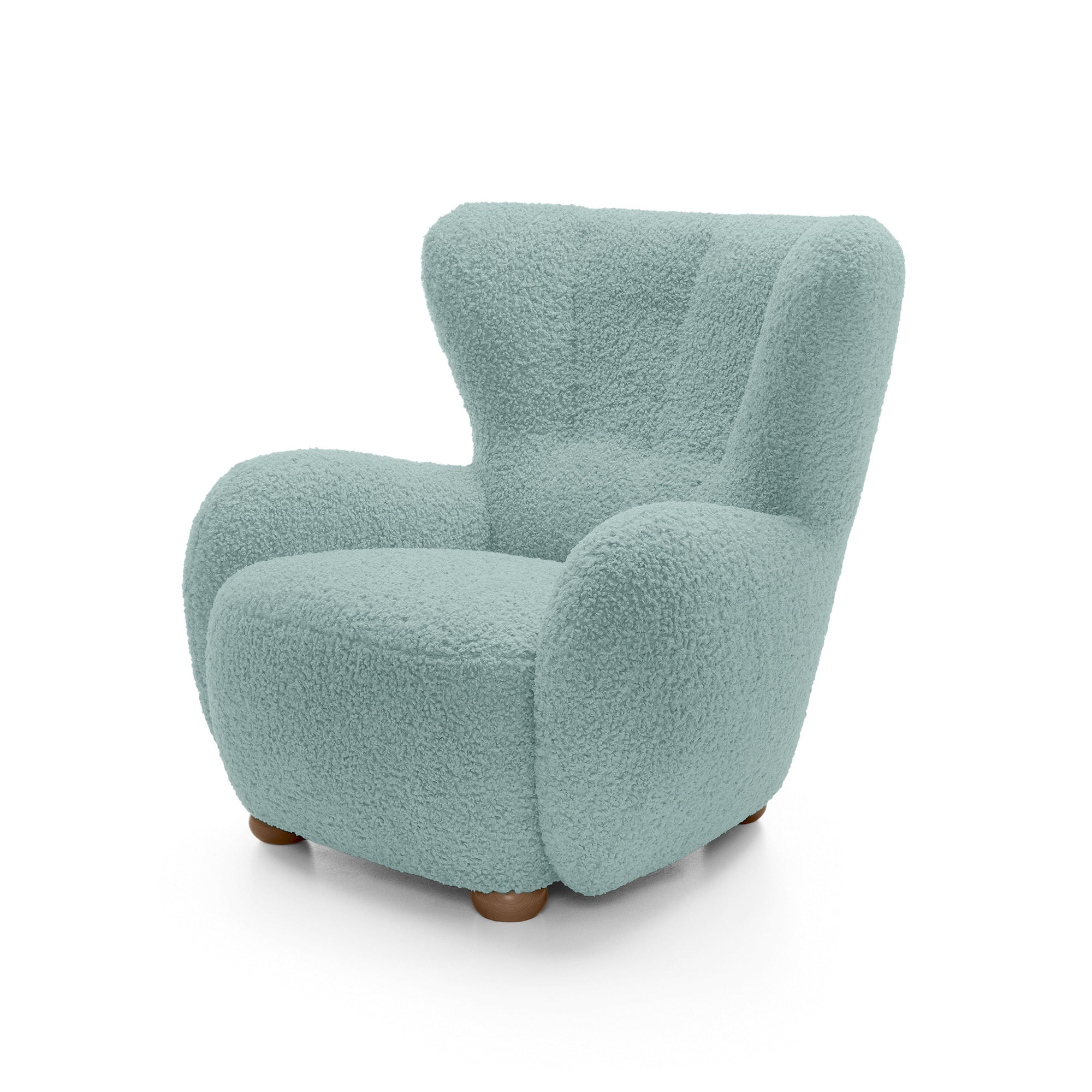 Fotel 88 cm do relaksu w stylu skandynawskim – tkanina ROLF bouclé, drewniane nogi | Tedi Morska Patyna (ROLF 16) Dąb