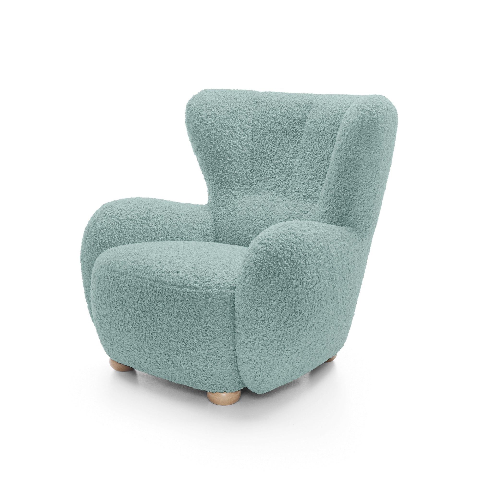 Fotel 88 cm do relaksu w stylu skandynawskim – tkanina ROLF bouclé, drewniane nogi | Tedi Morska Patyna (ROLF 16) Buk