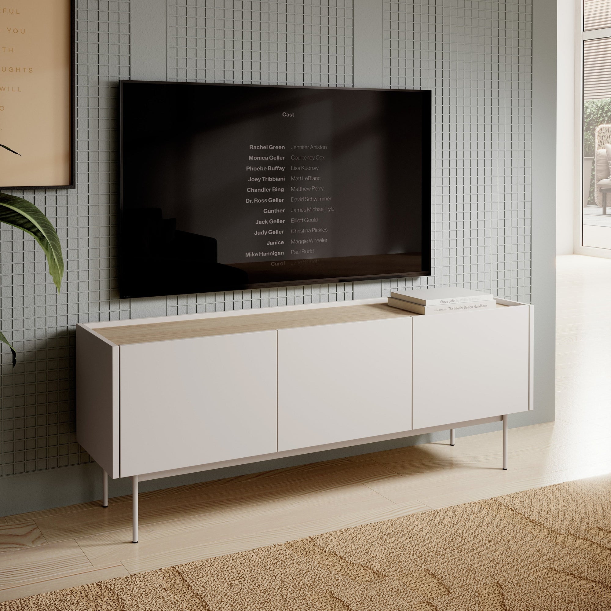 Szafka RTV pod telewizor 144x55 w stylu japandi - dąb linea, trzy szafki | Bema
