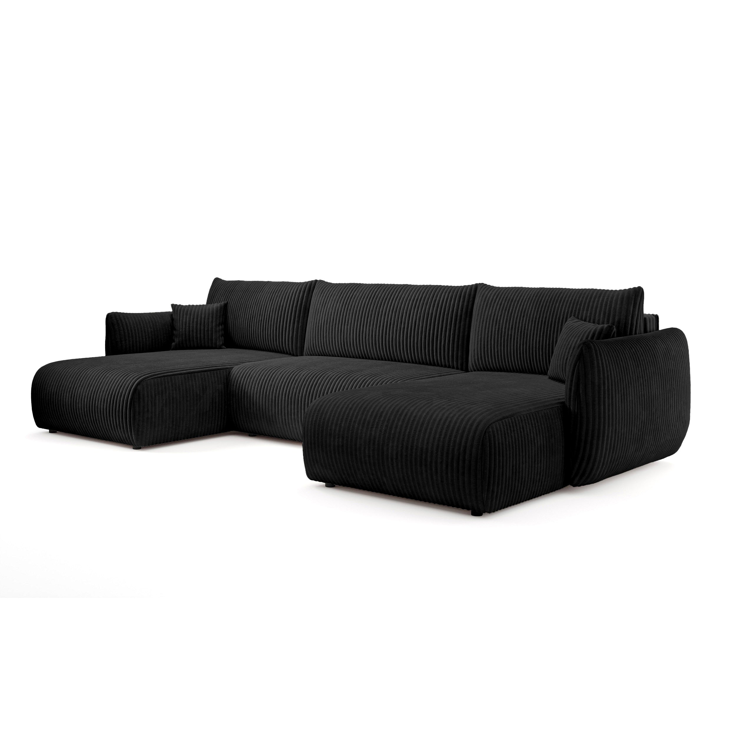 Narożnik U z funkcją spania o powierzchni 145x302 w stylu vintage - tkanina sztruksowa TILIA, zaokrąglona forma, miękkie poduchy | ALLORO Węglowy Aksamit (TILIA 100)