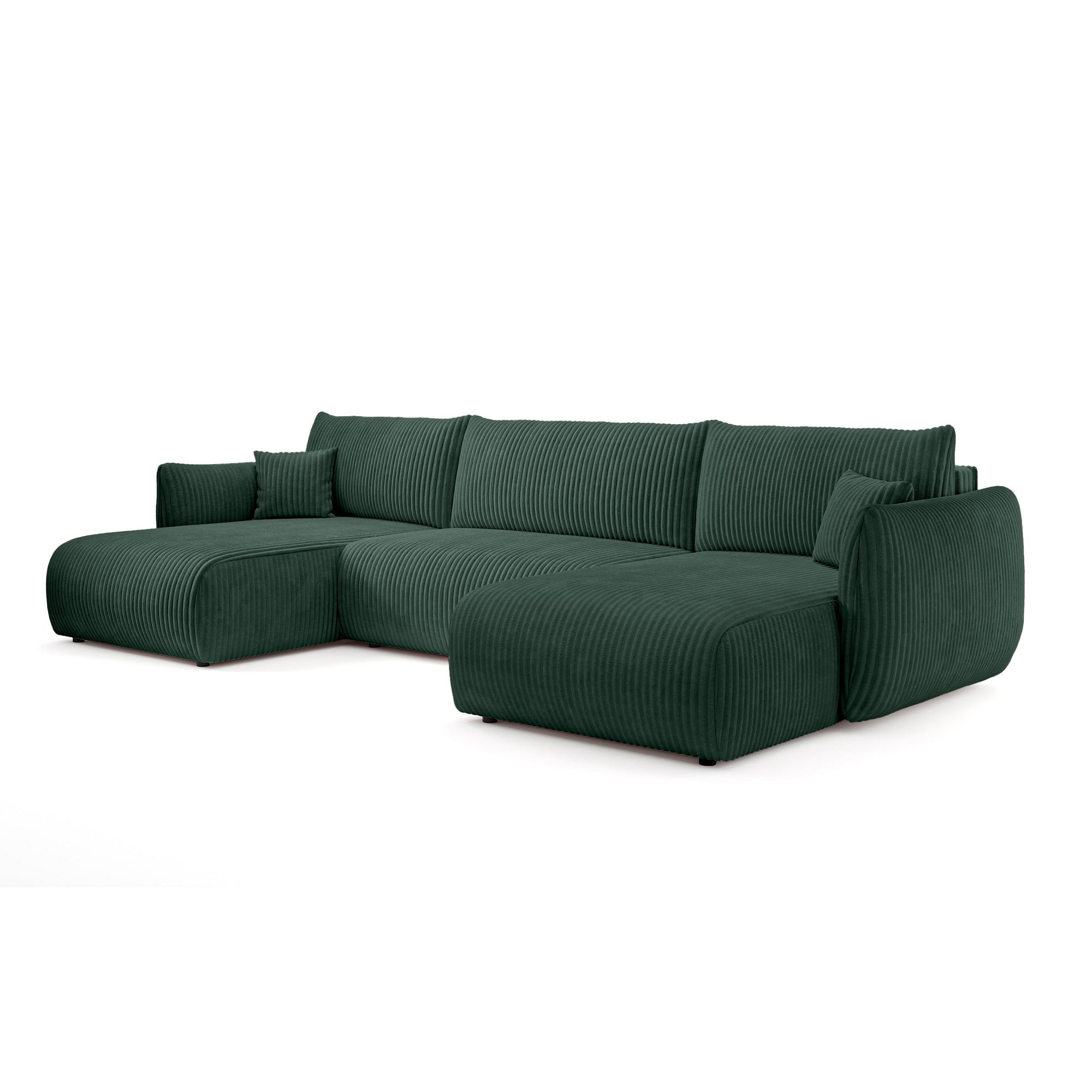 Narożnik U z funkcją spania o powierzchni 145x302 w stylu vintage - tkanina sztruksowa TILIA, zaokrąglona forma, miękkie poduchy | ALLORO Cień Paproci (TILIA 39)