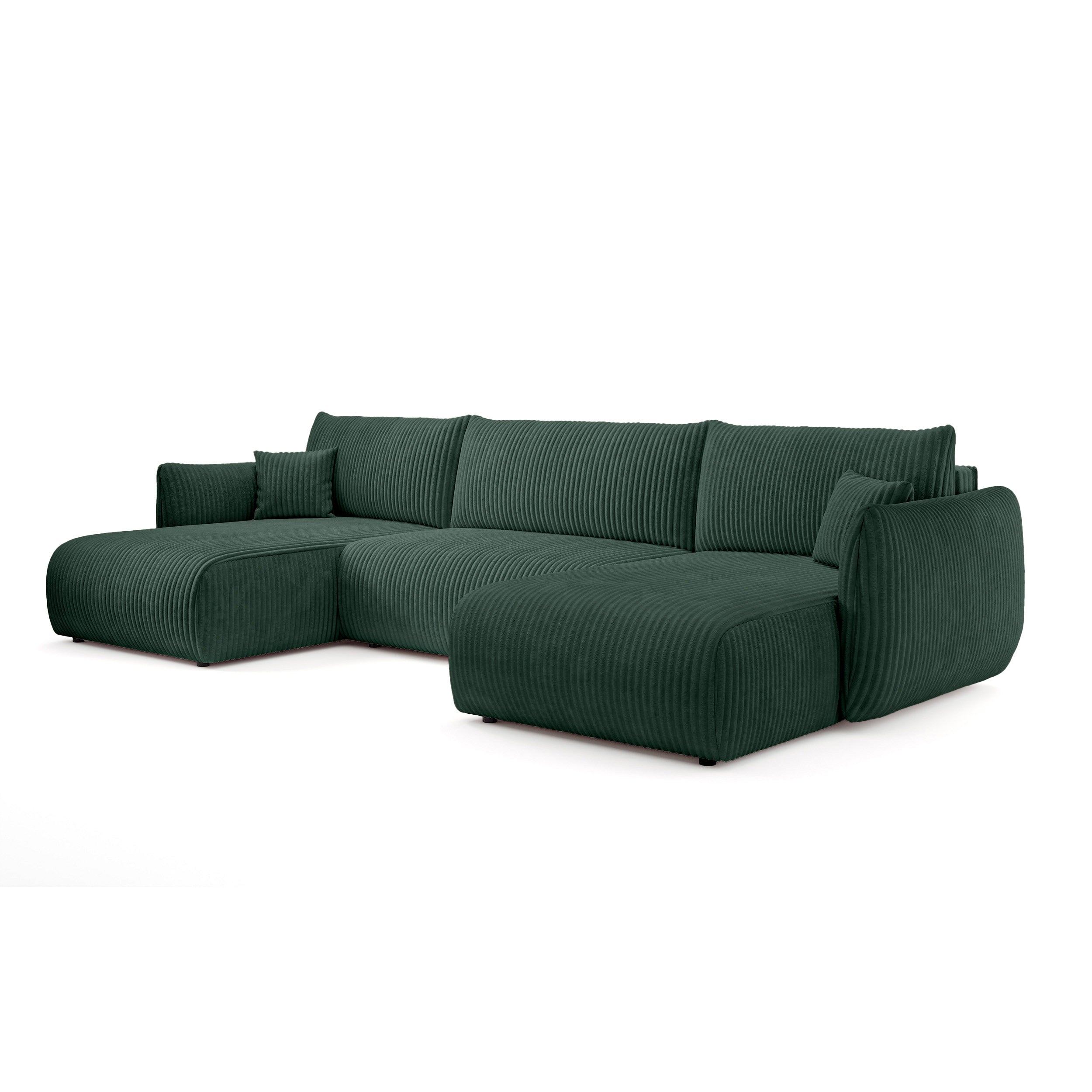 Narożnik U z funkcją spania o powierzchni 145x302 w stylu vintage - tkanina sztruksowa TILIA, zaokrąglona forma, miękkie poduchy | ALLORO Cień Paproci (TILIA 39)