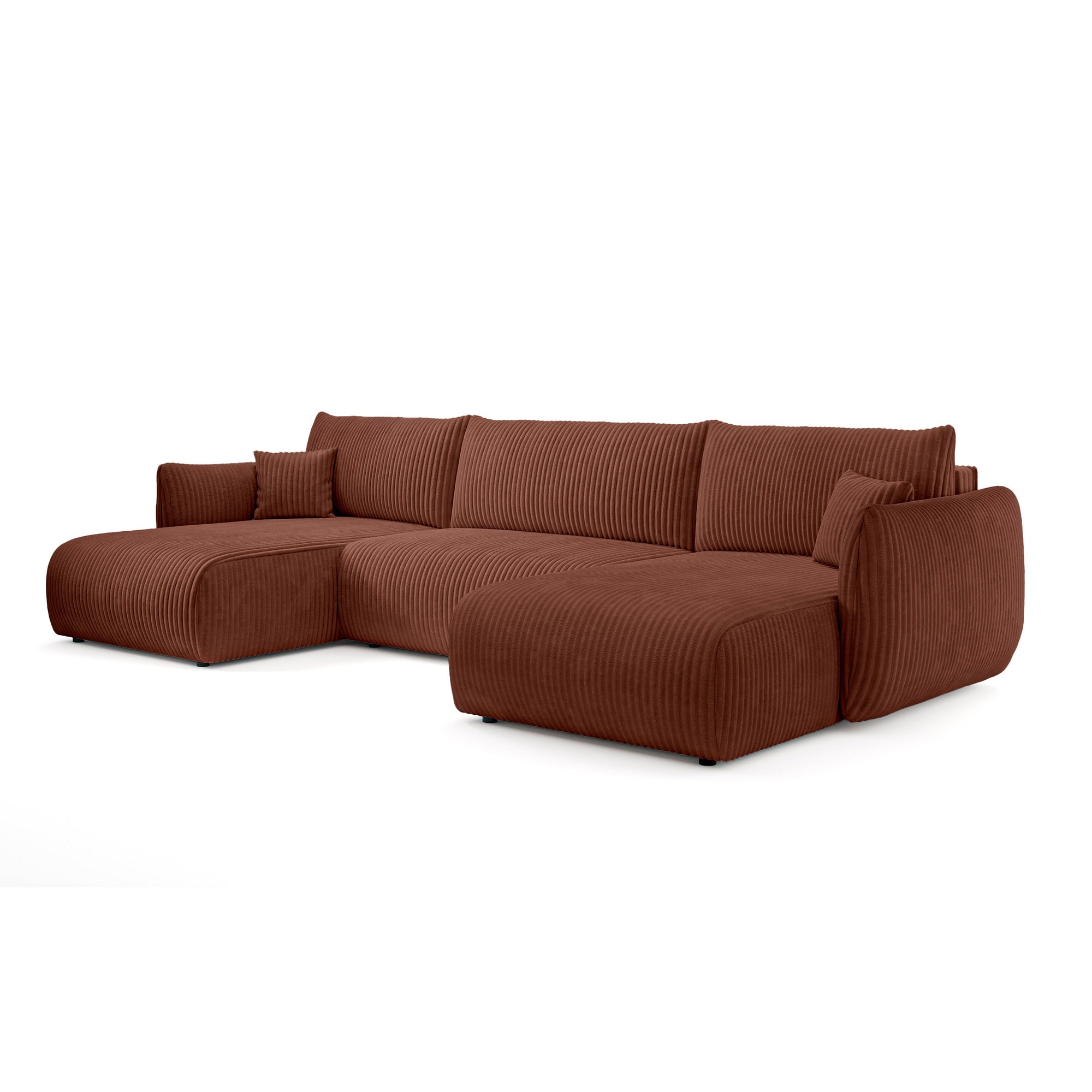 Narożnik U z funkcją spania o powierzchni 145x302 w stylu vintage - tkanina sztruksowa TILIA, zaokrąglona forma, miękkie poduchy | ALLORO Cegła Toskańska (TILIA 52)