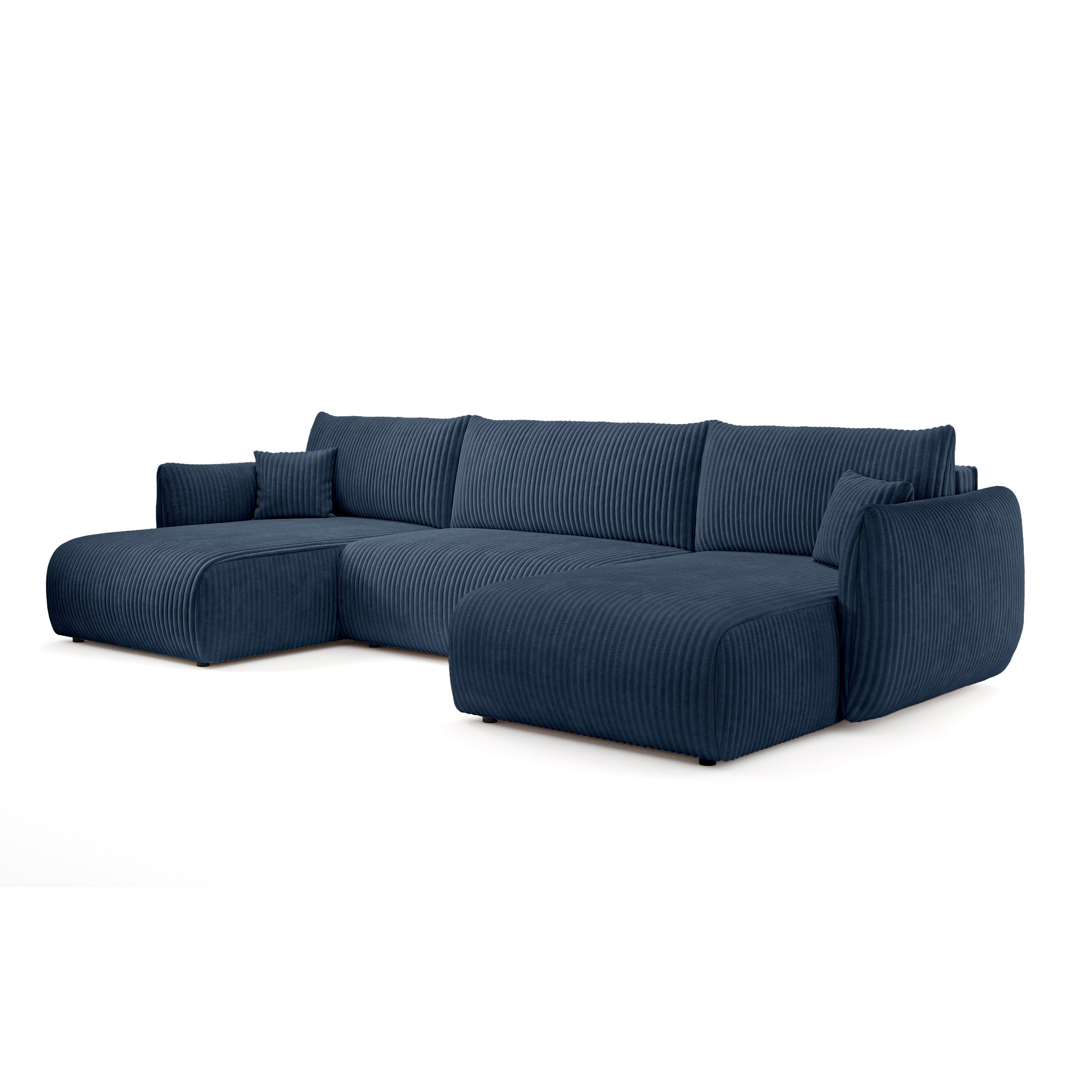 Narożnik U z funkcją spania o powierzchni 145x302 w stylu vintage - tkanina sztruksowa TILIA, zaokrąglona forma, miękkie poduchy | ALLORO Atramentowa Głębia (TILIA 77)