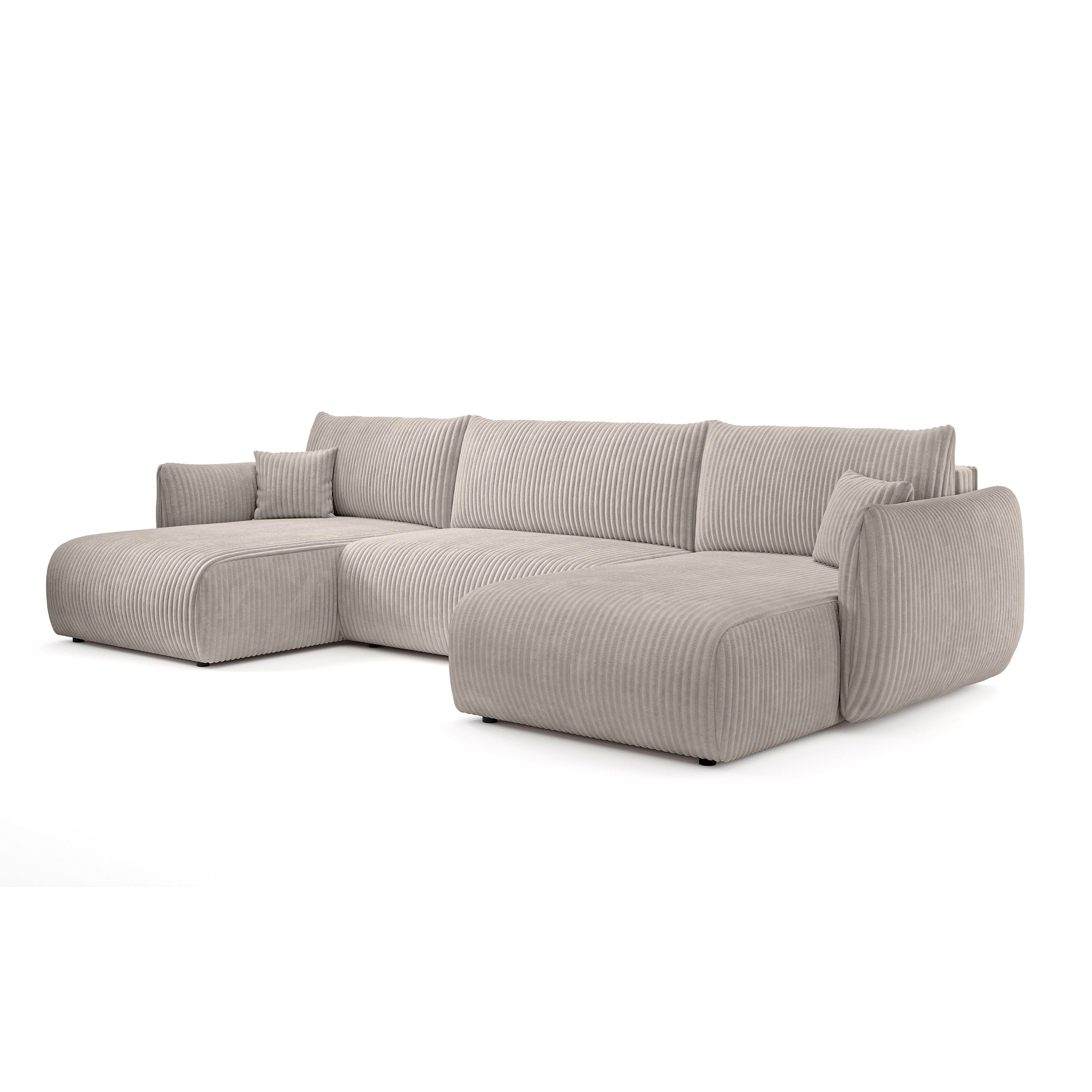 Narożnik U z funkcją spania o powierzchni 145x302 w stylu vintage - tkanina sztruksowa TILIA, zaokrąglona forma, miękkie poduchy | ALLORO Popiel Morwy (TILIA 83)