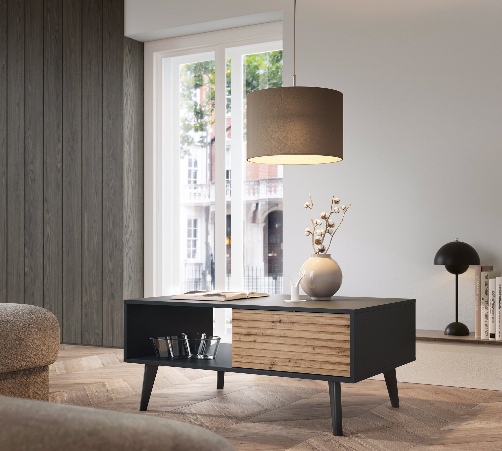 Stolik kawowy 104x48 z szufladą w stylu loftowym – dąb Artisan/czarny, push to open, ryflowany front | Las